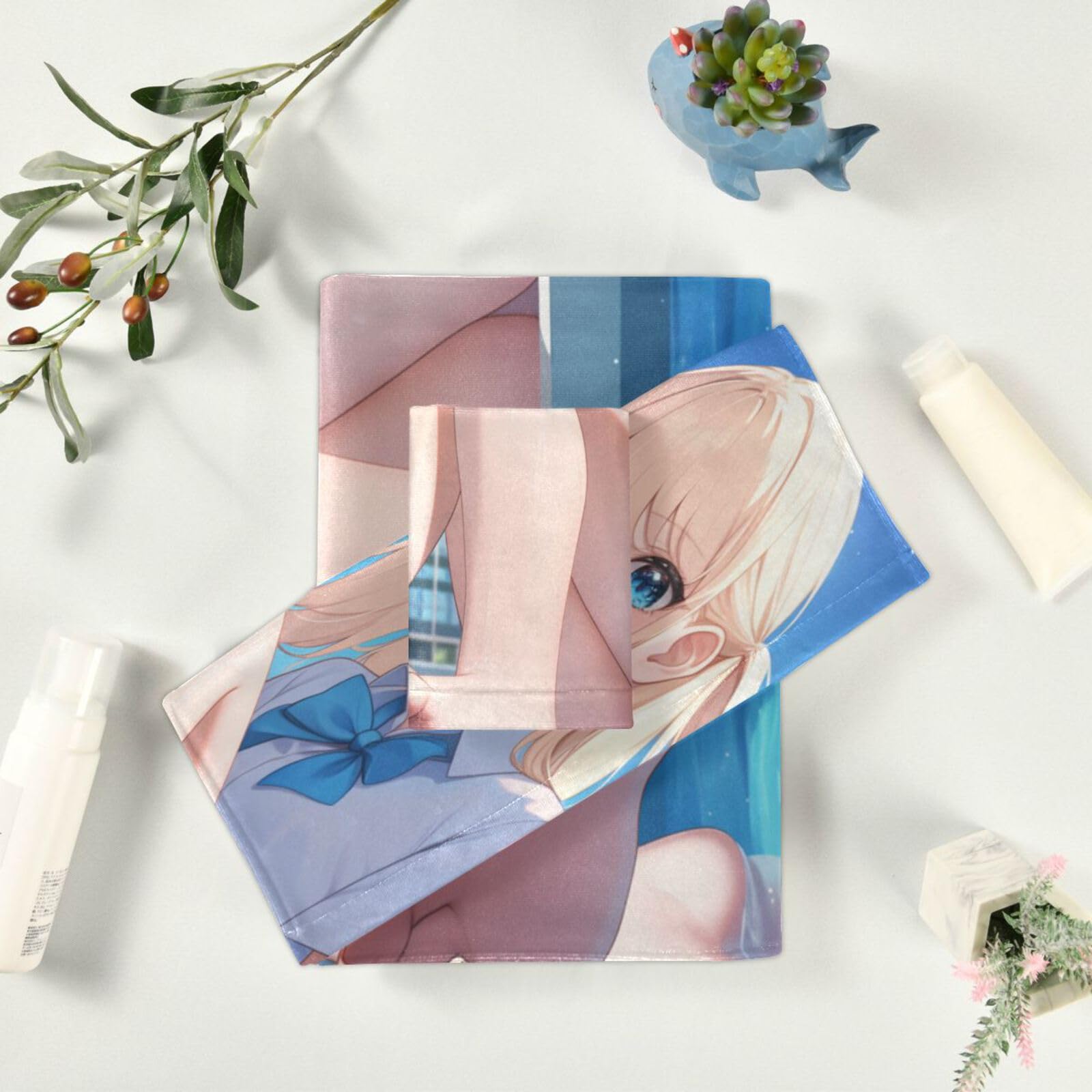 Juego de 3 toallas de cara a cara con diseño de animé para niña, 1 toalla de baño, 1 toalla de mano para baño y cocina