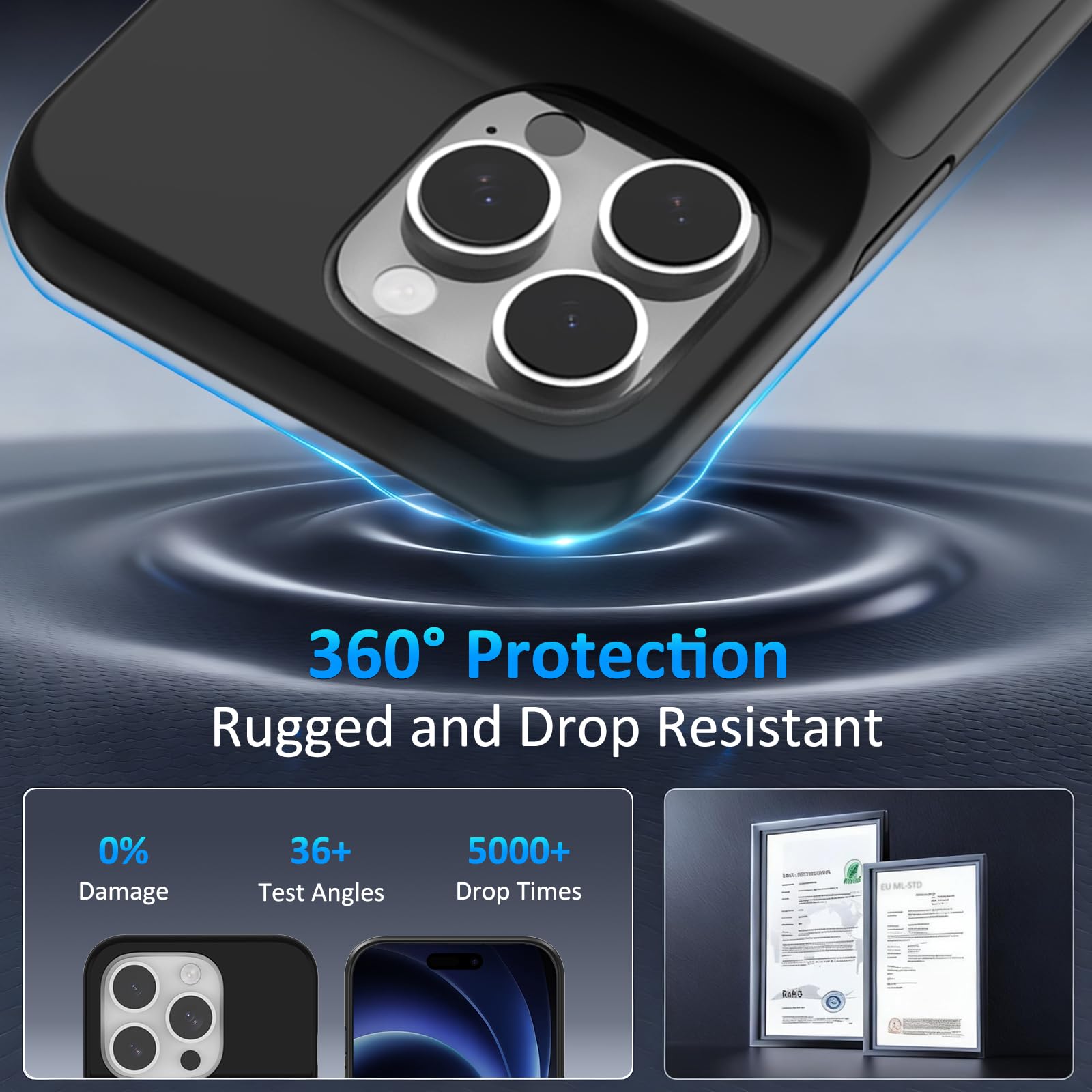 Custodia Batteria per iPhone 16 Pro,8500mAh Portatile Caricabatterie Ultra Sottile Power Bank Cover Batteria per iPhone 16 Pro（6.1“）-Nero