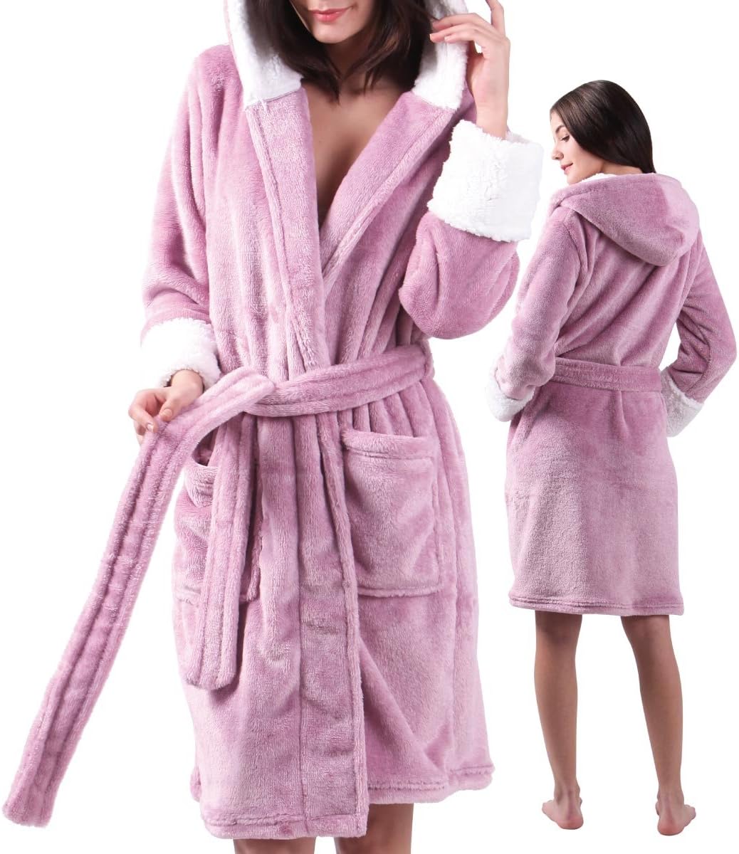 ALL AOER Ladies Bathrobe Fashion Hoodies, Microfiber Fleece Flannel Adult Bathrobes for Women