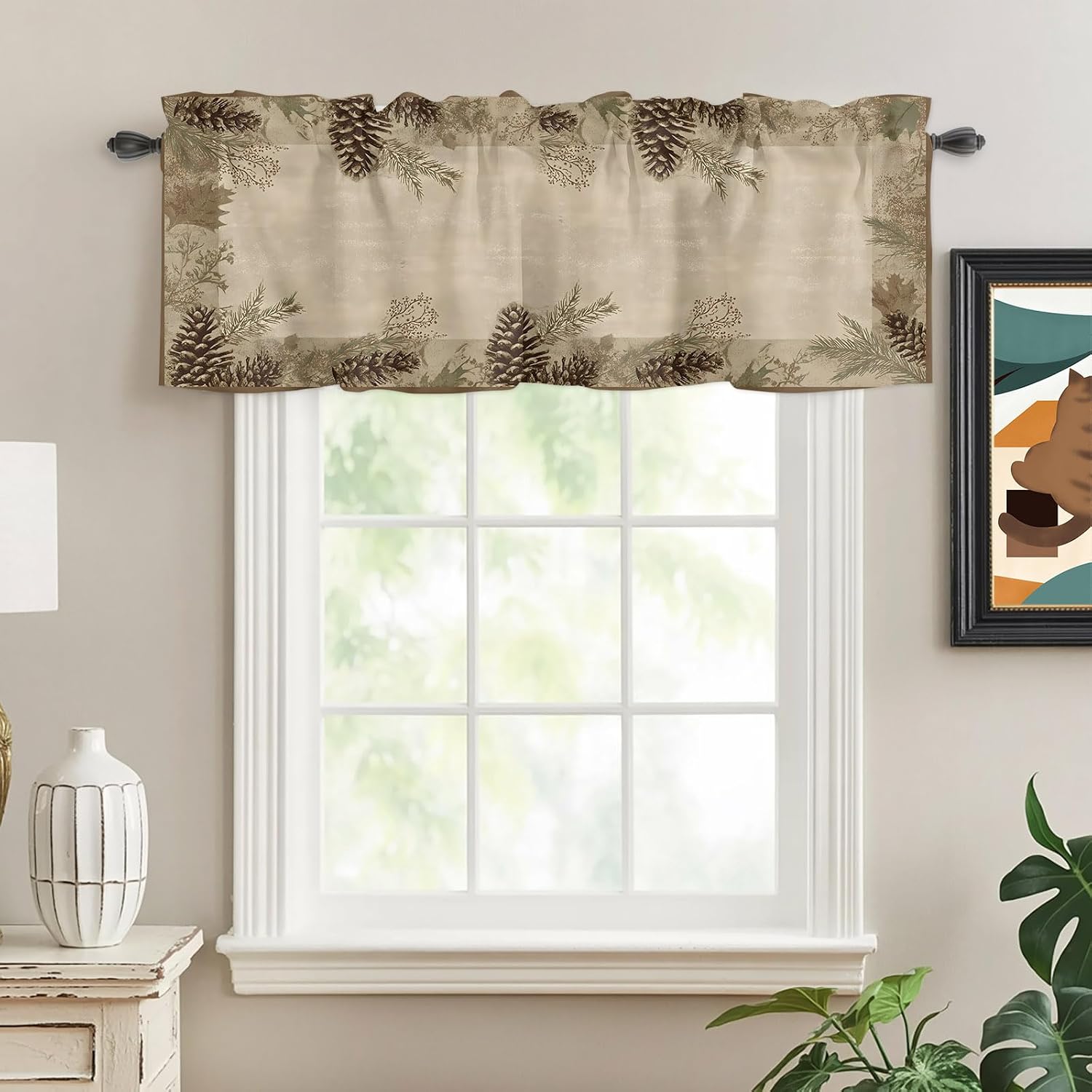 Valances Window Treatment Farmhouse Decor, Fall Forest Pine Rod Pocket Valance Curtains for Living Room, Bedroom, Kitchen, Autumn Vintage Pine Cones Botanical 42" W x 12" L - 1 Panel