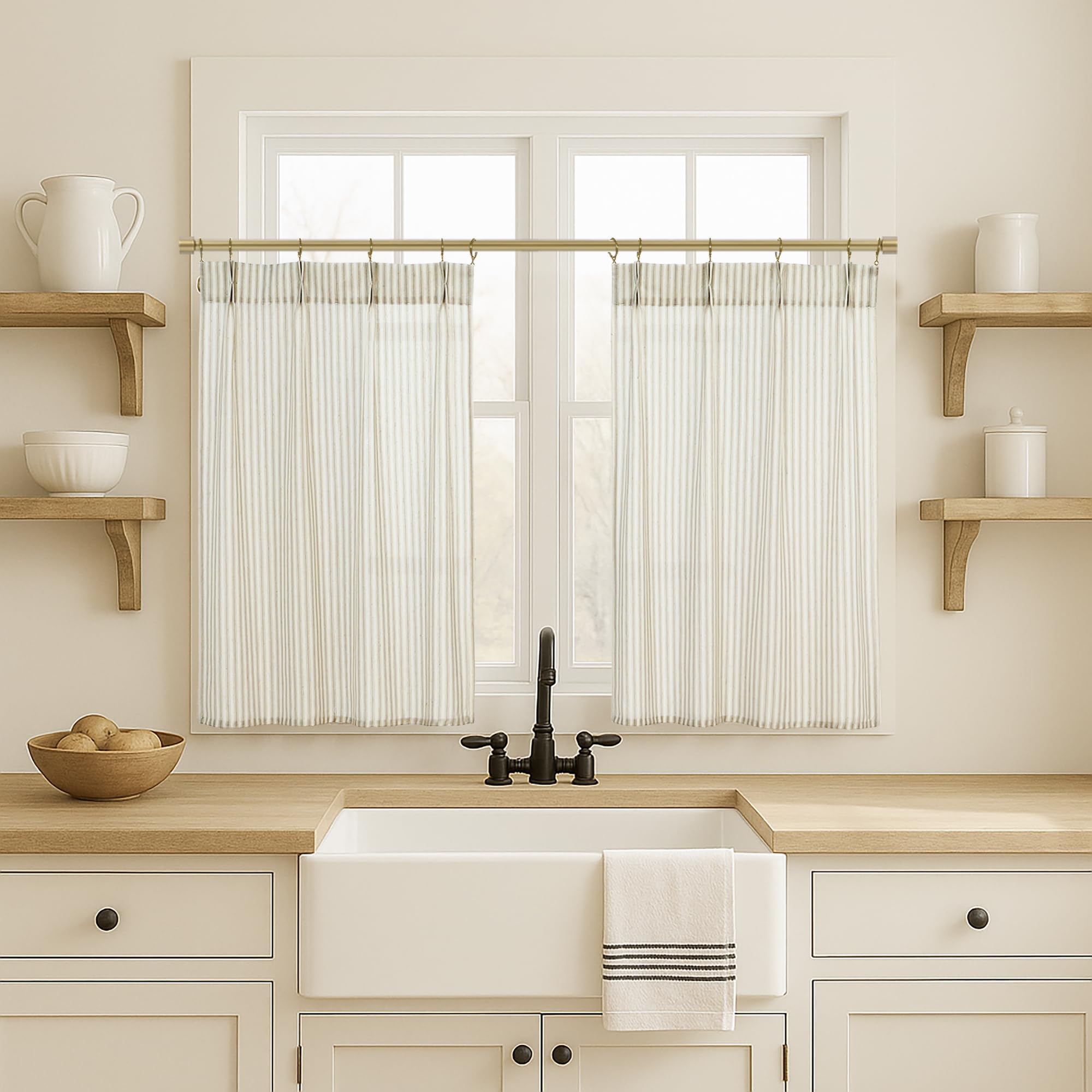 Kitchen Cafe Curtains for Small Window Above Sink 2 Panels, Pinch Pleated Linen Ticking Striped Farmhouse Sheer Half Curtain 24 Inch Length, Rideau De Cuisine