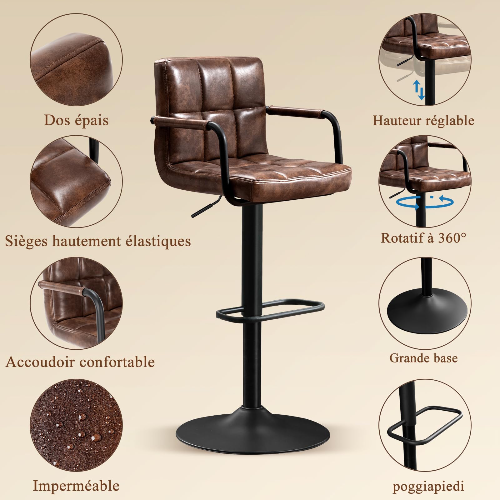 Set di 2 Sgabelli da Bar, Sgabelli Cucina Girevole 360°Altezza Regolabile da Penisola, Sgabelli Alto in Similpelle con Schienale, Bracciolo, Poggiapiedi per Bar Cucina Ristorante, Marrone scuro