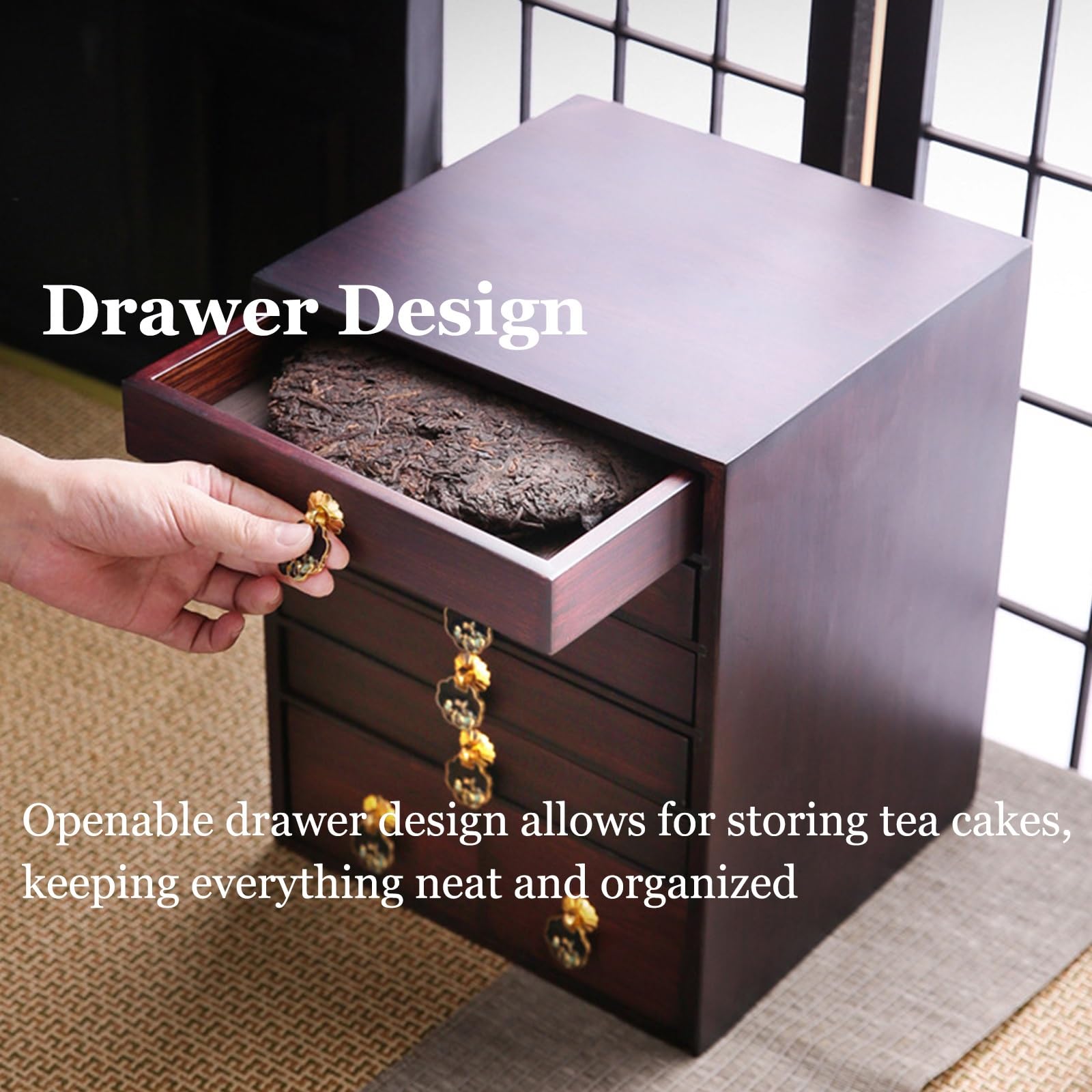 Puer Boîte de rangement à thé – Plateau à thé en bambou anti-poussière pour gâteaux Puerh et accessoires, organisateur de bijoux avec tiroir