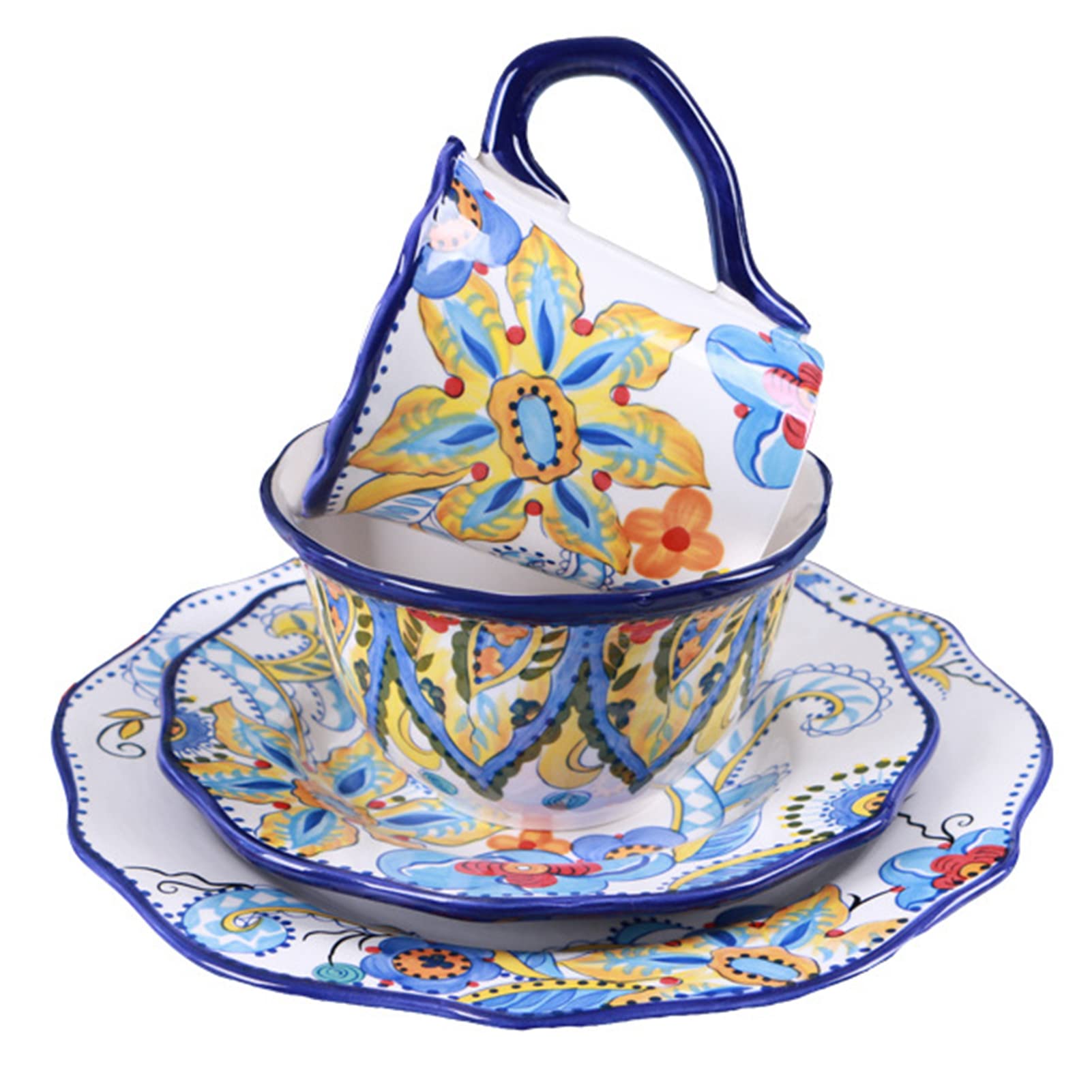 Kompletny i nowoczesny porcelanowy zestaw obiadowy dla 4 osób (16 sztuk) Talerze obiadowe, talerze deserowe, miski na płatki i kubki, zastawa stołowa z nieregularnymi krawędziami