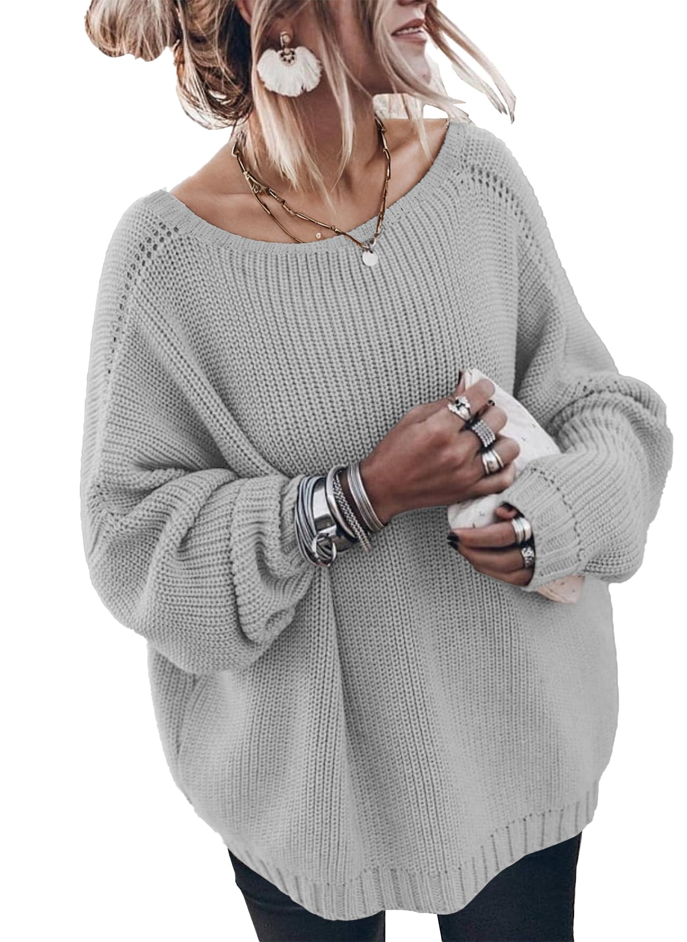 GUNEST Womens Oversized Sweaters Cotton Long Sleeve Loose Knit Jumper Tops