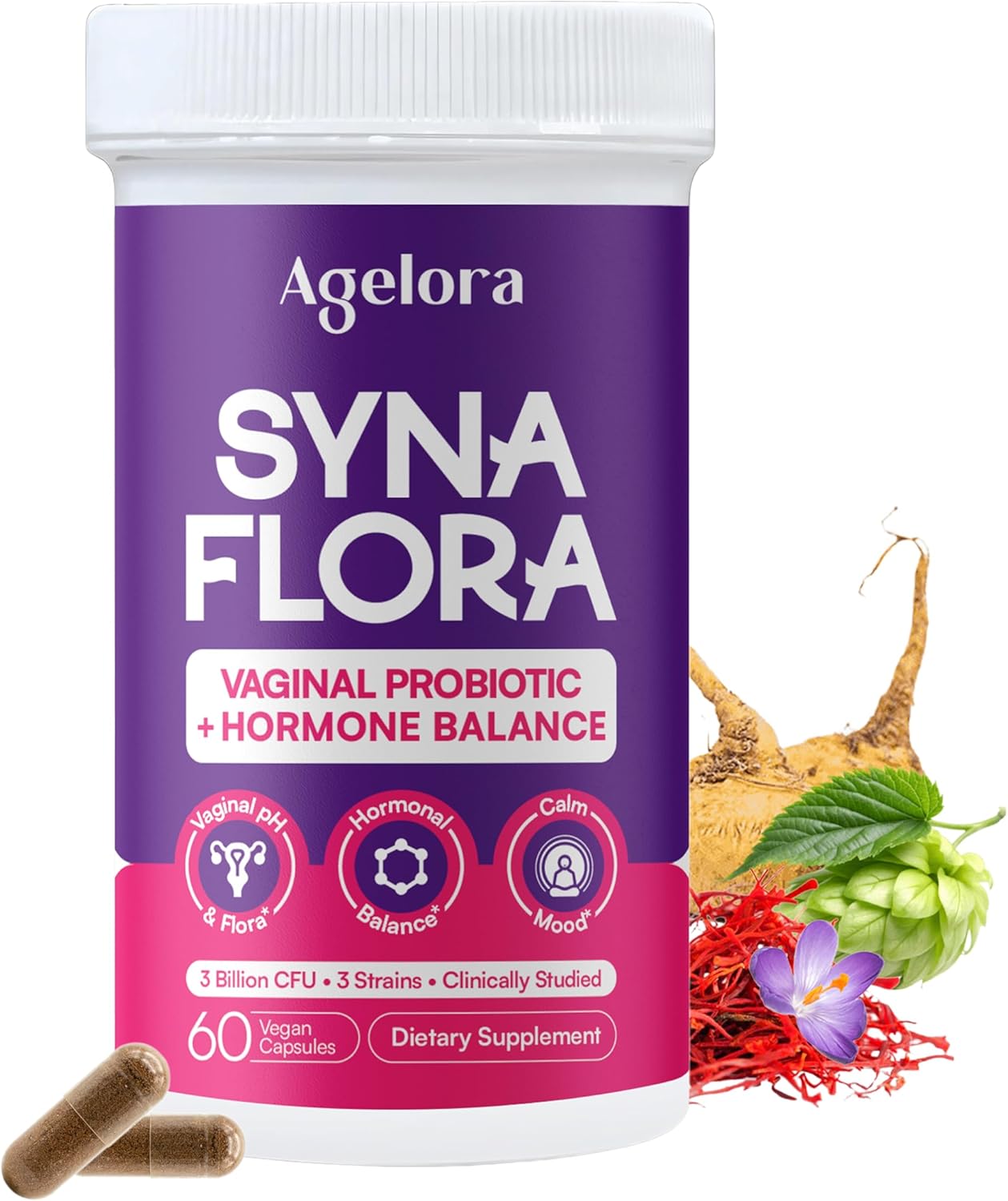 SynaFlora Vaginal Probiotics for Women | pH Balance & Menopause Support | Hormone Balance with Maca Root, Saffron & Hops | NSF Certified | GMP Made in USA | 60 Vegan Capsules