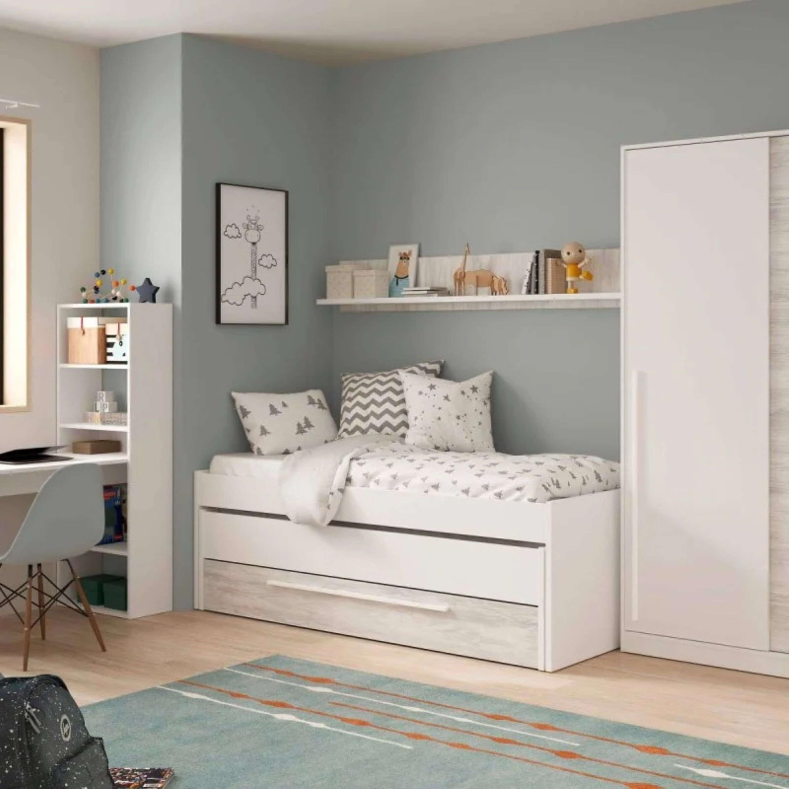 Dmora - Letto per bambini Sunnyvale, Struttura letto per cameretta, Letto singolo con lettino estraibile, cassettone e mensola, 199x96h65 cm, Bianco