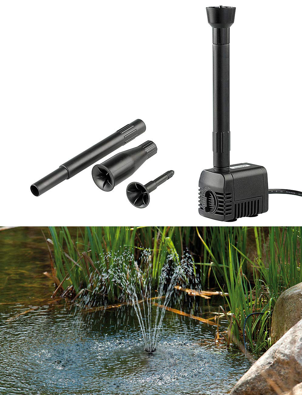 Royal Gardineer Teich Brunnen: Teichpumpe Fontaine mit 4 Wasserspiel-Aufsätzen, 230 Volt (Teichspringbrunnen, Springbrunnen Gartenteich, Mini)