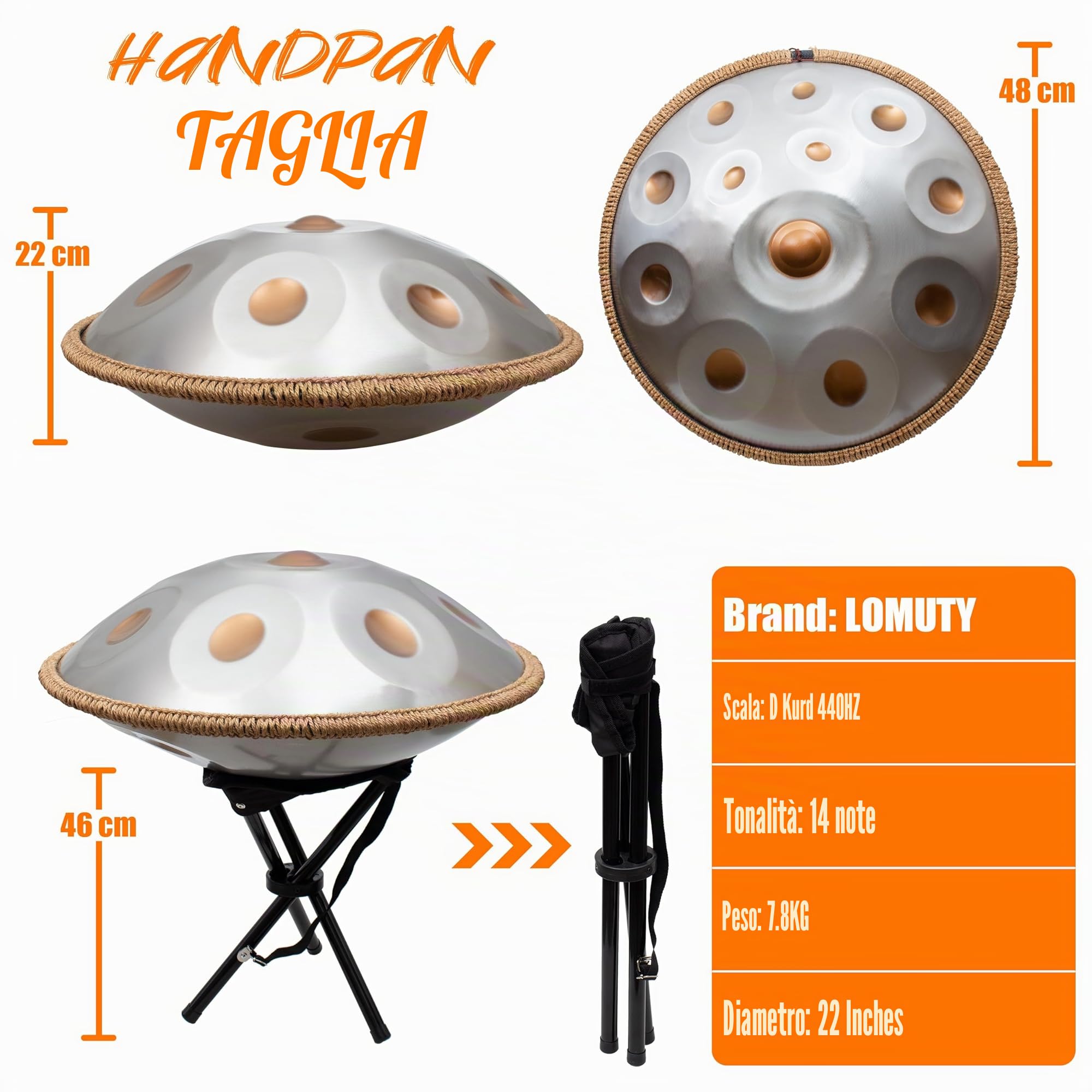 Handpan, Steel Drum, Hand Pan, Tamburo in Acciaio, Argento Opaco | 440HZ 14 Note D Minore 22 Pollici 56cm Handpan Drum per Meditazione e Yoga, Tamburo a Mano con Borsa e Supporto