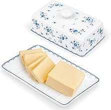fanquare Blue Flower Ceramic Butter Dish with Lid and Handle for 250g Butter, Large Porcelain Butter Dish, High Quality Butter Bell