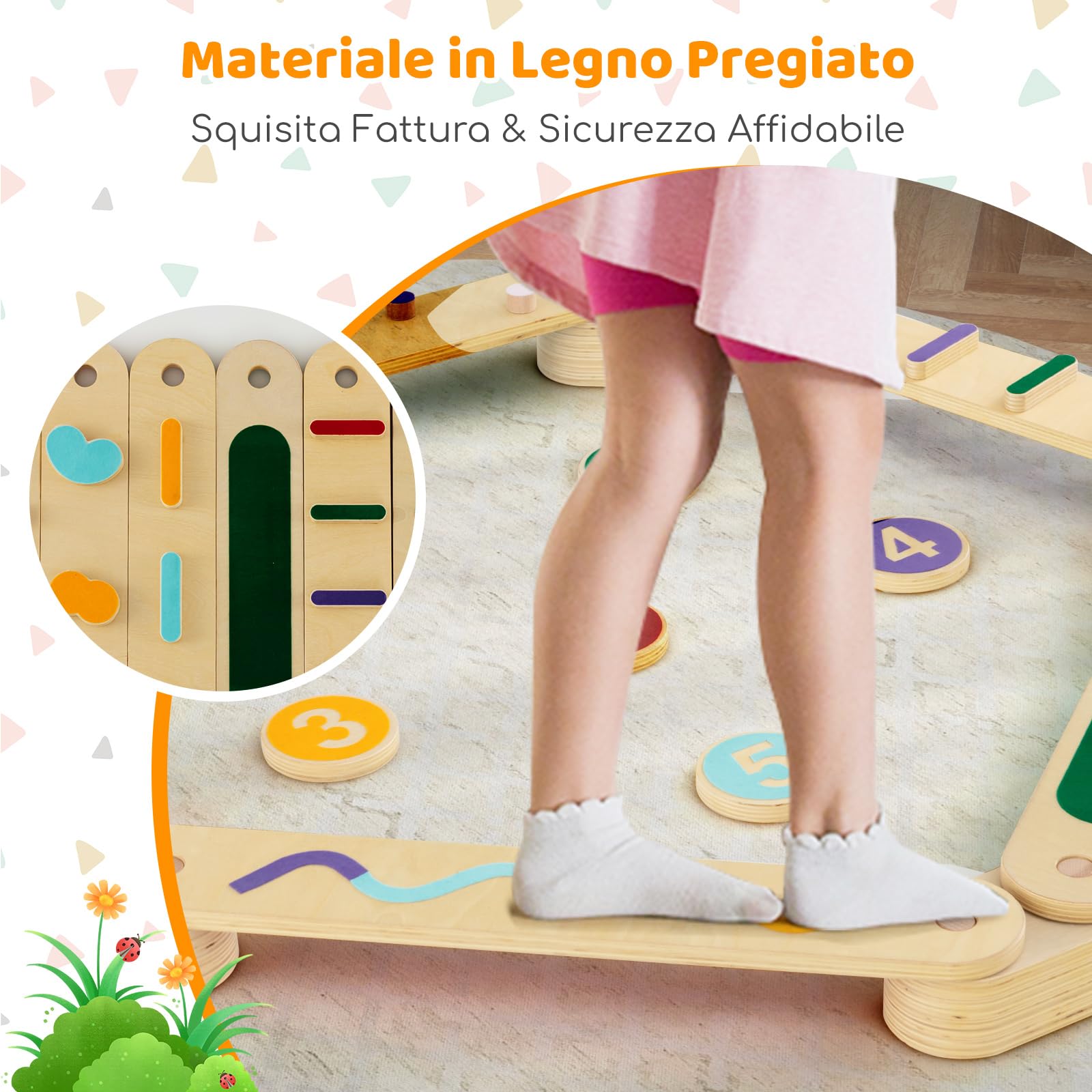 COSTWAY Trave di Equilibrio per Bambini, Giocattoli Montessori in Legno con Pietre di Passaggio, per Allenamento Sensoriale e Bilanciamento per Bambini 1 Anni+