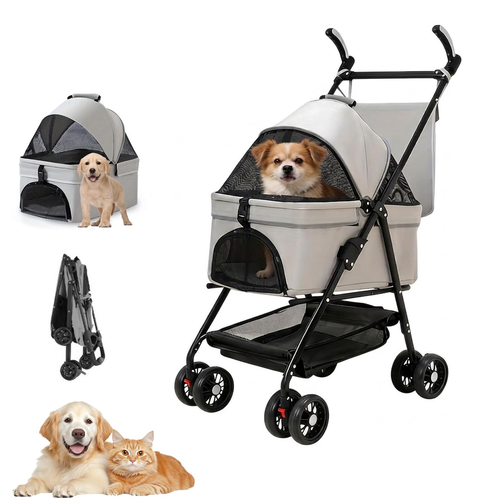 Poussette pour chien 3 en 1, pliable, avec sac de transport amovible, pour chiens et chats jusqu'à 20 kg, panier de courses et sac suspendu, fenêtre en maille avec ouverture d'alimentation, pliable