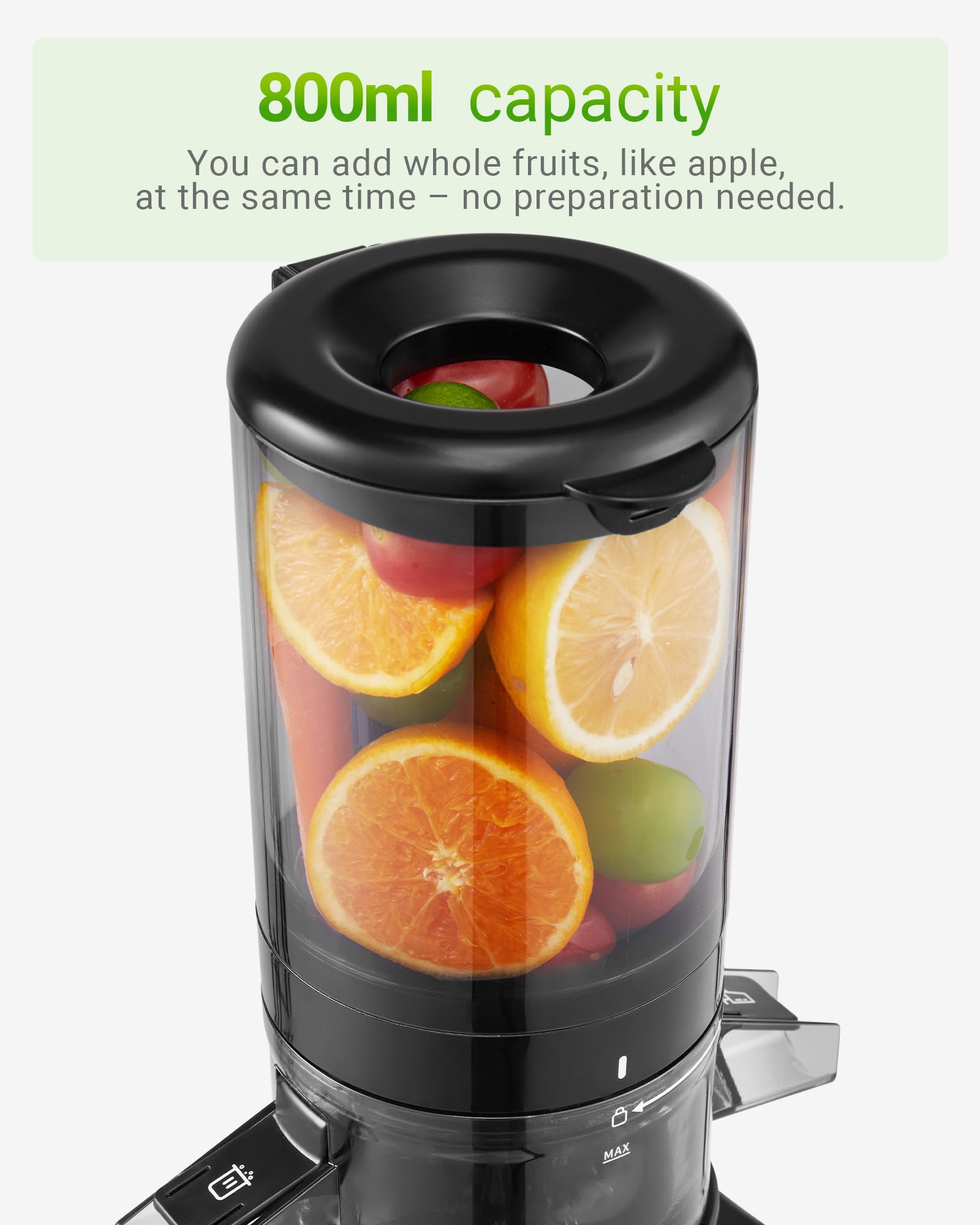TUUMIIST Slow Juicer Entsafter mit Extra Großem Einfüllschacht 120mm, Saftpresse BPA-Frei Glanzschwarz