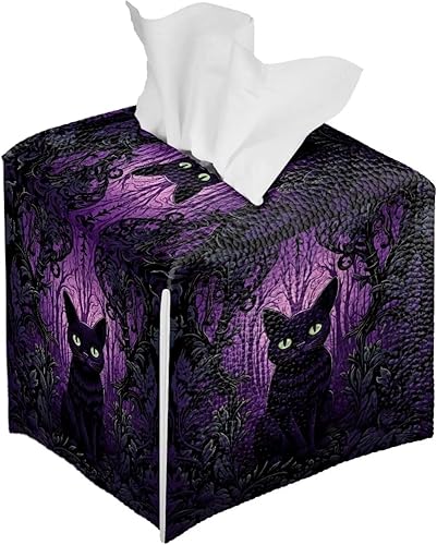 Miniatura 2 de Caja de pañuelos cuadrada para gatos de Halloween, soporte para caja de pañuelos de cuero morado para bañocafé, decoración de escritorio, soporte de