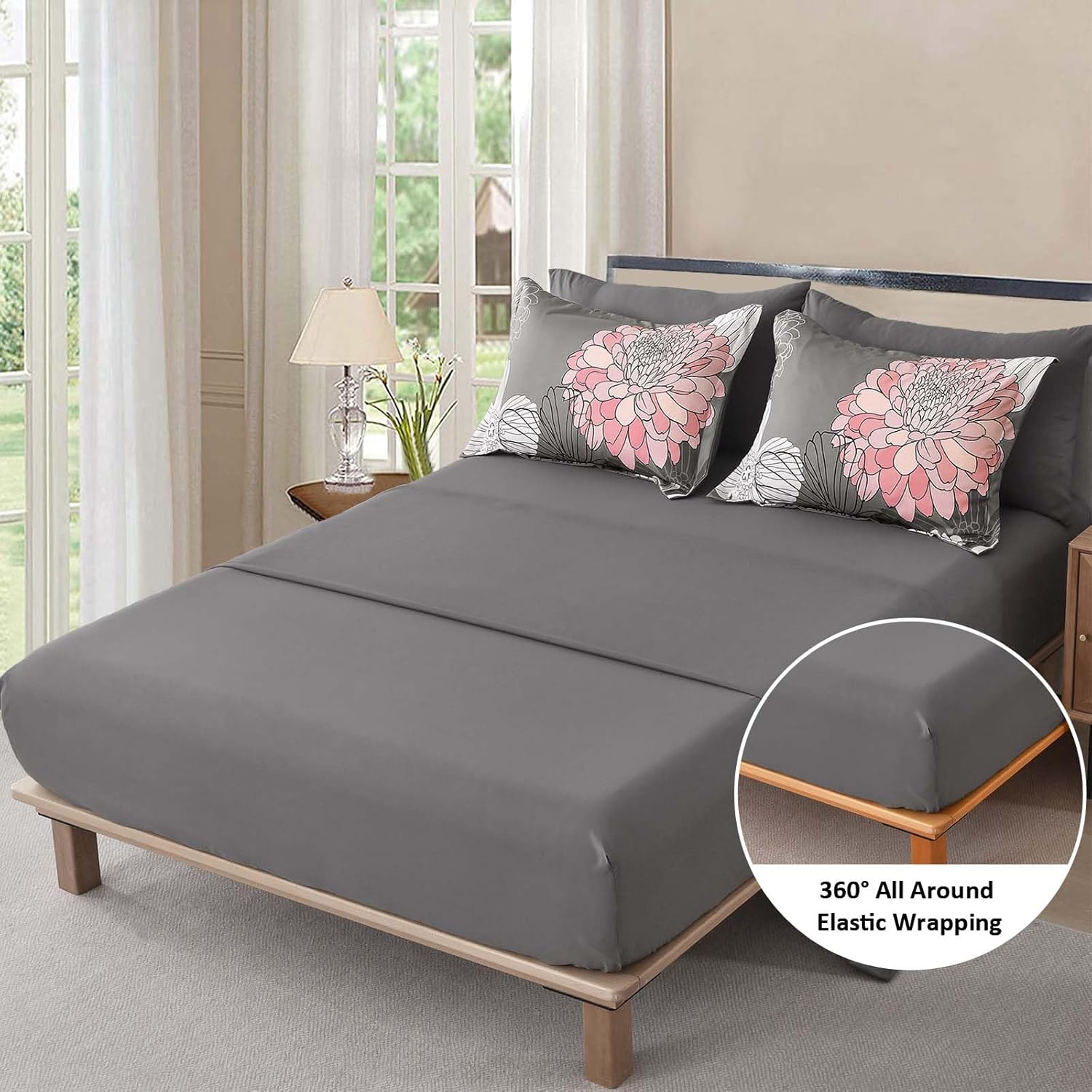 Yiran Grey Pink Comforter Queen Size 7 Pieces Floral Bed in a Bag Comforter Set Soft Microfiber Bedding Sets for All Season with Flat Sheet Fitted Sheets Pillowcases & Pillowshams - Image 4