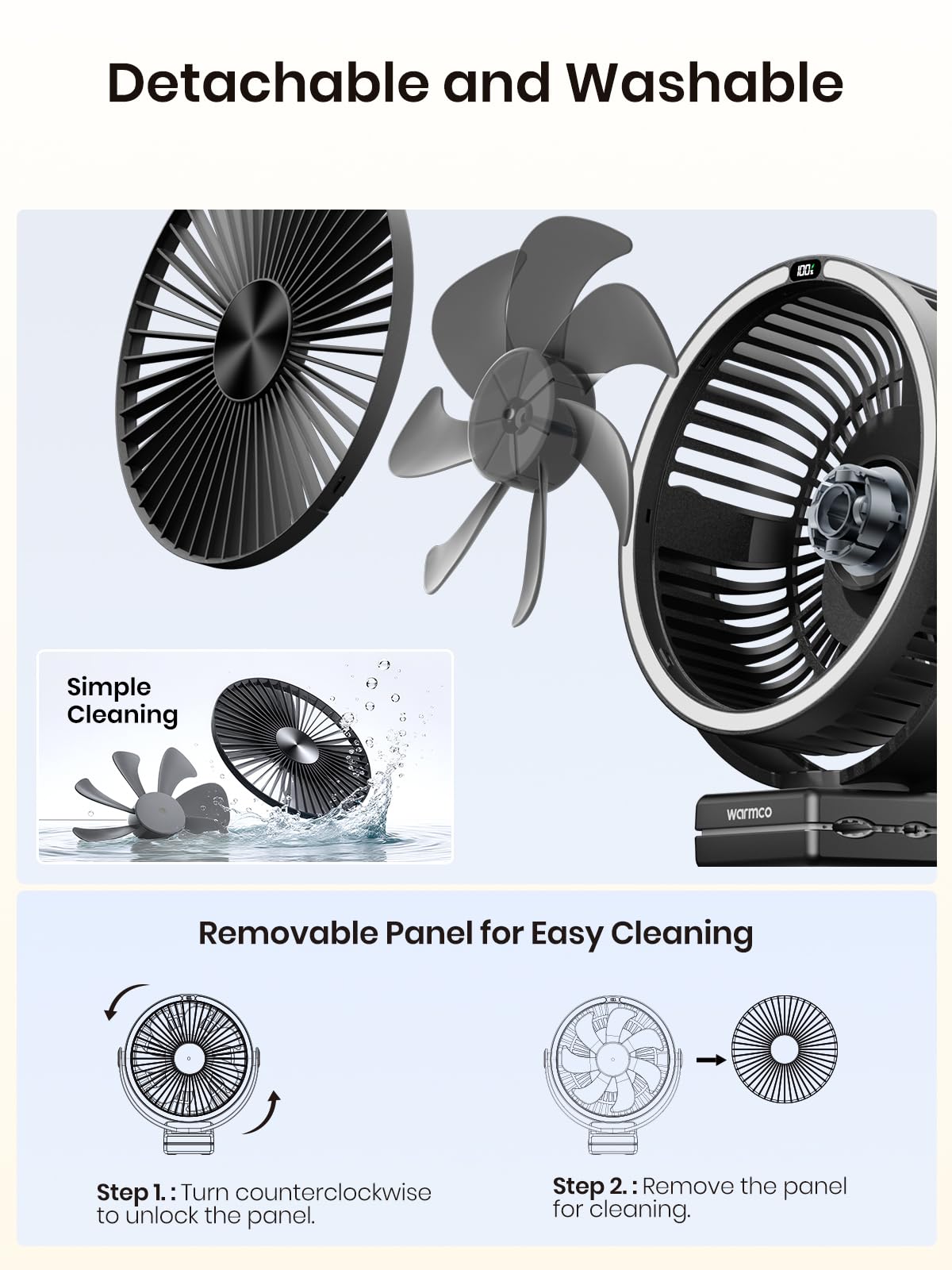Warmco Ventilateur portable rechargeable à clip de 15000mAh, ventilateur de bureau alimenté par batterie de 20,3 cm, lanterne LED et crochet, rotation à 360° et 4 vitesses avec fort débit d'air pour