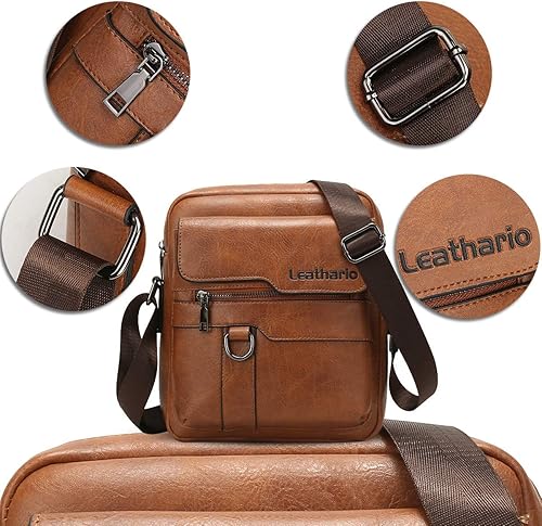 Miniatura 5 de Leathario Bolso bandolera de cuero para hombre, bolso de hombro para hombre, bolso bandolera para trabajo, negocios, viajes, Marrón claro-83
