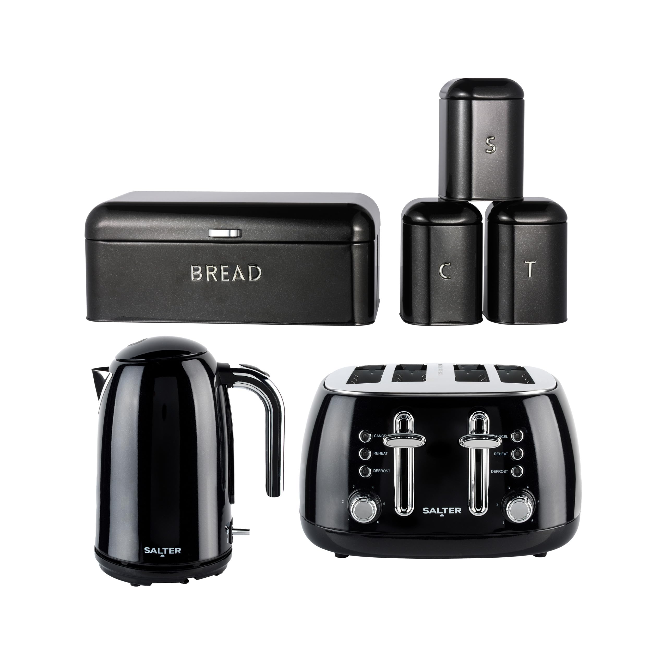 Salter Boston Kettle, 4-Slice Toaster, 4-Piece Canister & Bread Bin Set – 1.7L Rapid Boil Kettle, Extra Wide Slots Toaster, 6 Browning Levels, Durable Steel Storage, Black