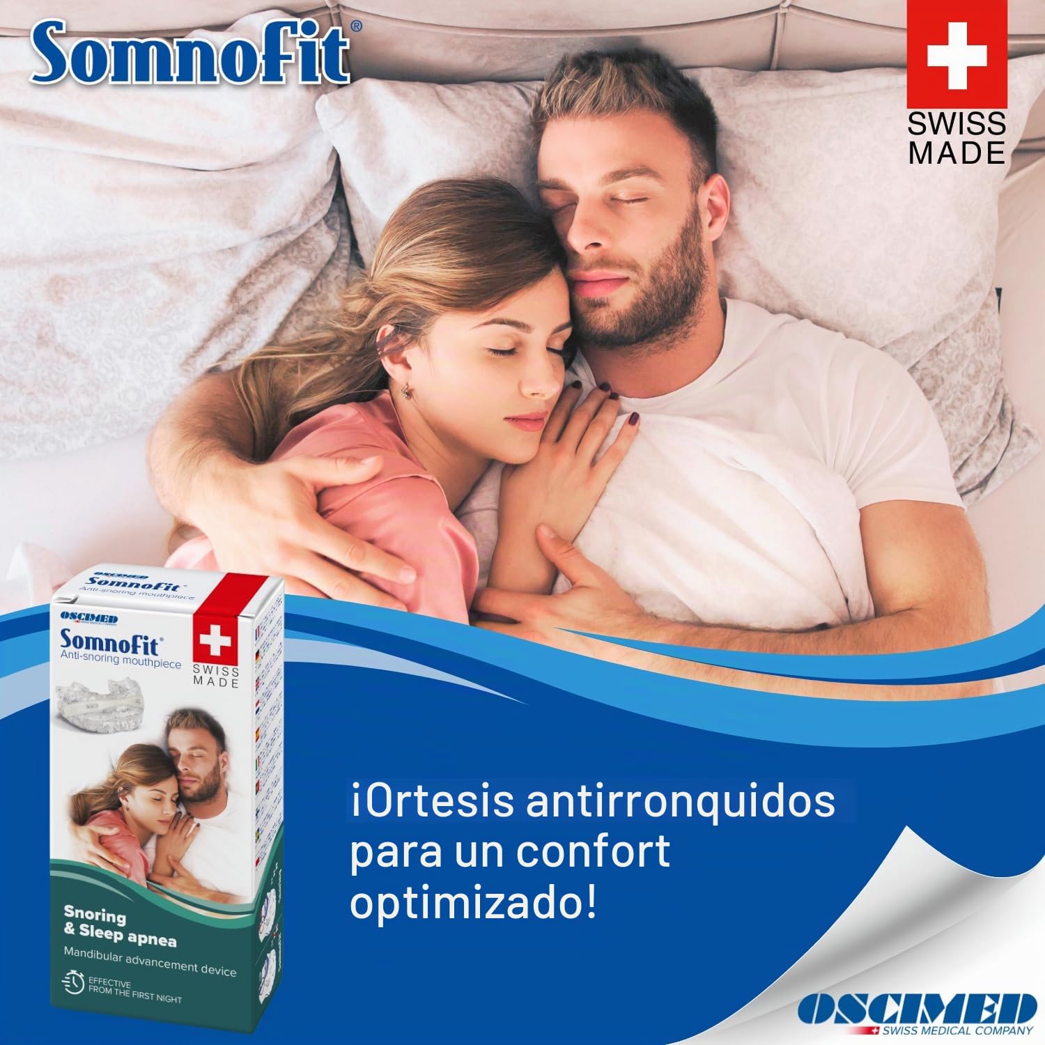 Somnofit – Ortesis antironquidos y apnea – Canal dental flexible y termoformable – Diseño patentado, gran comodidad – Ortesis mandibular fabricada en Suiza