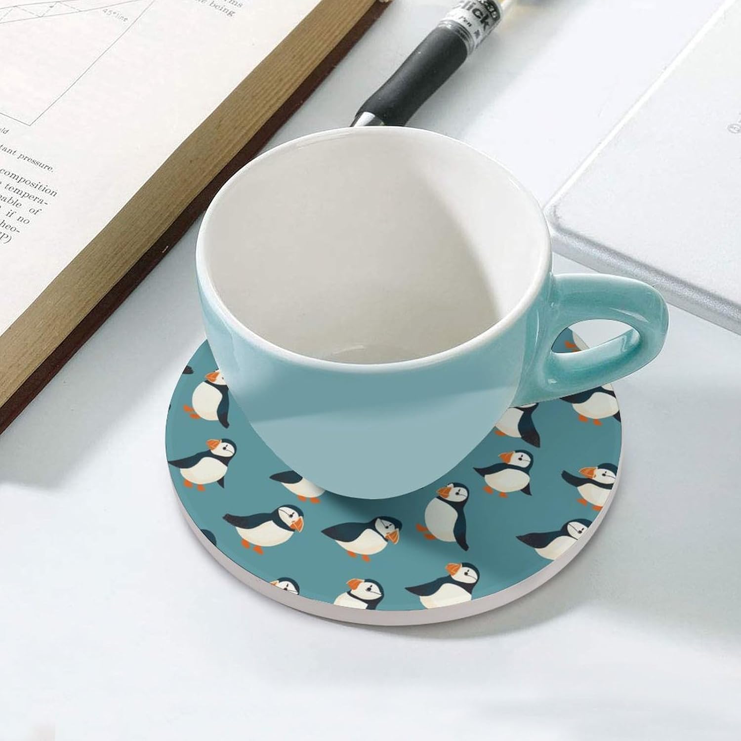 Cute Puffins1 Round Ceramic Coasters for Drinks Absorbent Cup Holder Tabletop Protector with Cork Base