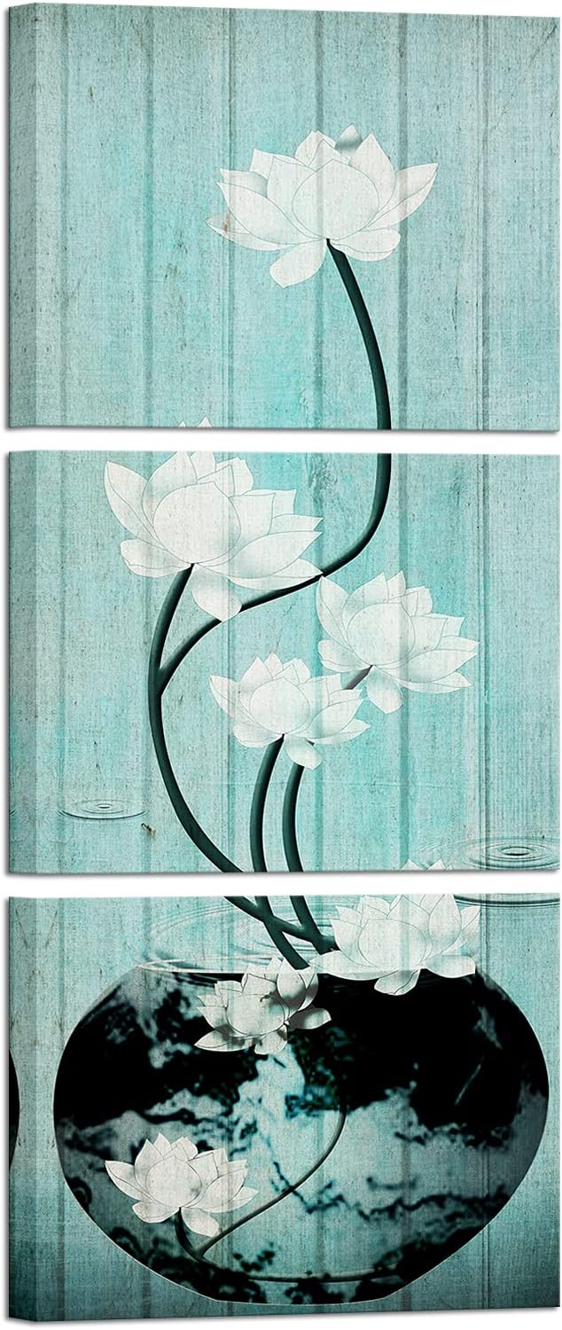 Nachic Wall - White Flower Picture Wall Art Zen Lotus Painting Prints Modern Bathroom Bedroom Spa Room Teal and White Decor