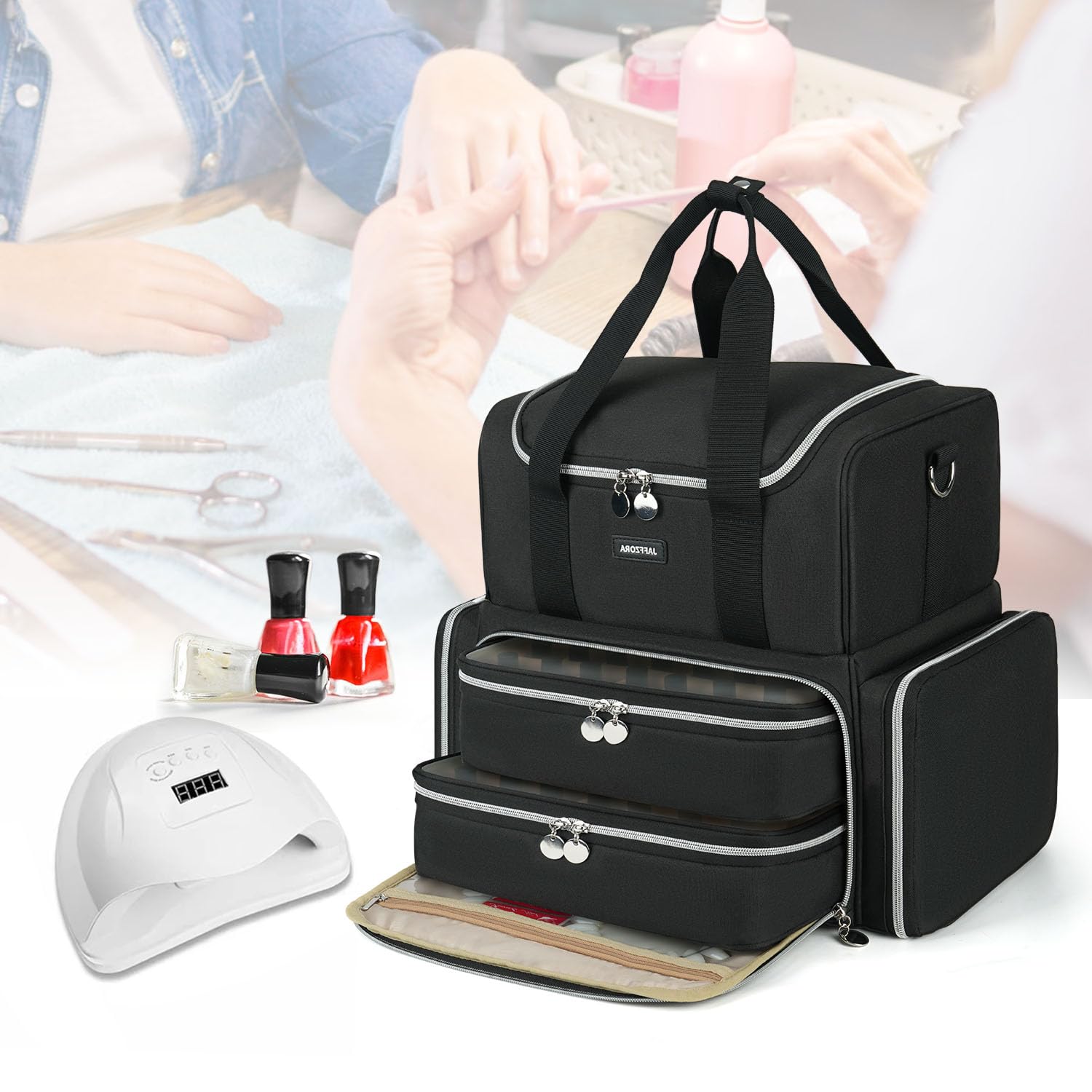 Estuche Organizador de Esmalte de uñas, Organizador de uñas de Doble Capa y Almacenamiento, Bolsa de Transporte de Suministros de uñas de Viaje para tecnología de Arte de uñas y Herramientas de