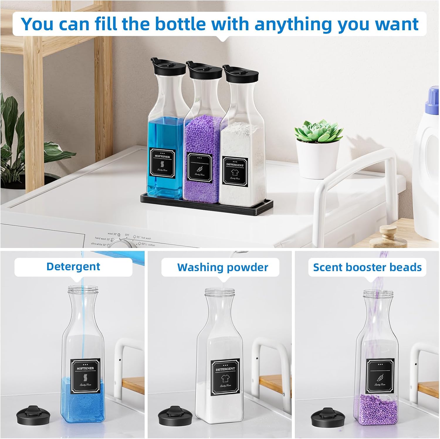 Laundry Detergent Dispenser,54OZ Laundry Soap Dispenser,Liquid Laundry Detergent Container,Fabric Softener Dispenser with Black Wood Tray,Laundry Room Organizer with 4 Labels
