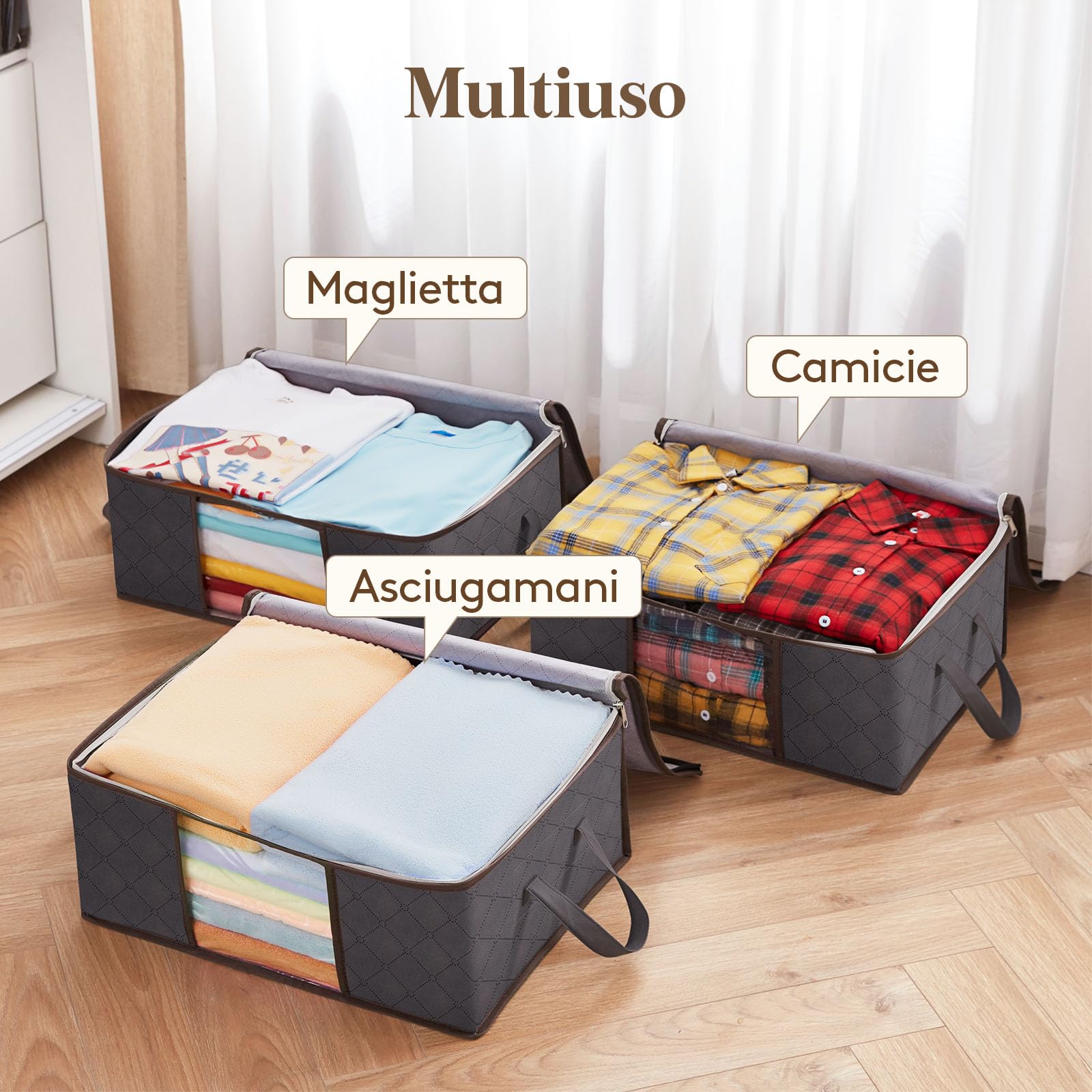 Lifewit Scatole per Vestiti, Scatola per Armadio Pieghevole, Contenitori Sottoletto, Scatoloni Trasloco per Coperte, Biancheria da Letto, Grigio, 35 L, 3 Pezzi