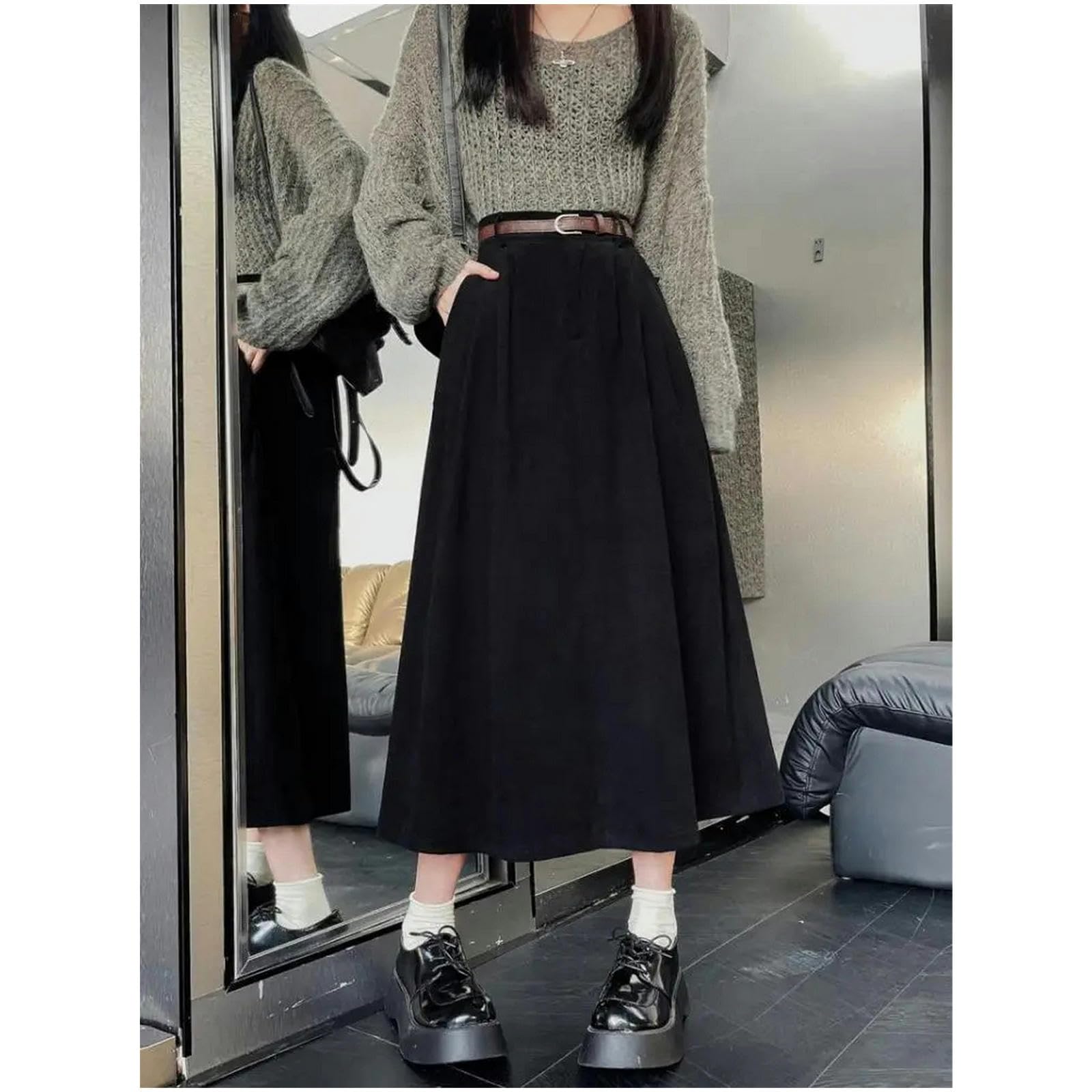 Gonna Lunga Donna Gonna Marrone delle Donne Autunno Inverno A Vita Alta in Velluto Gonna Lunga Stile College A Pieghe Gonne A-Line