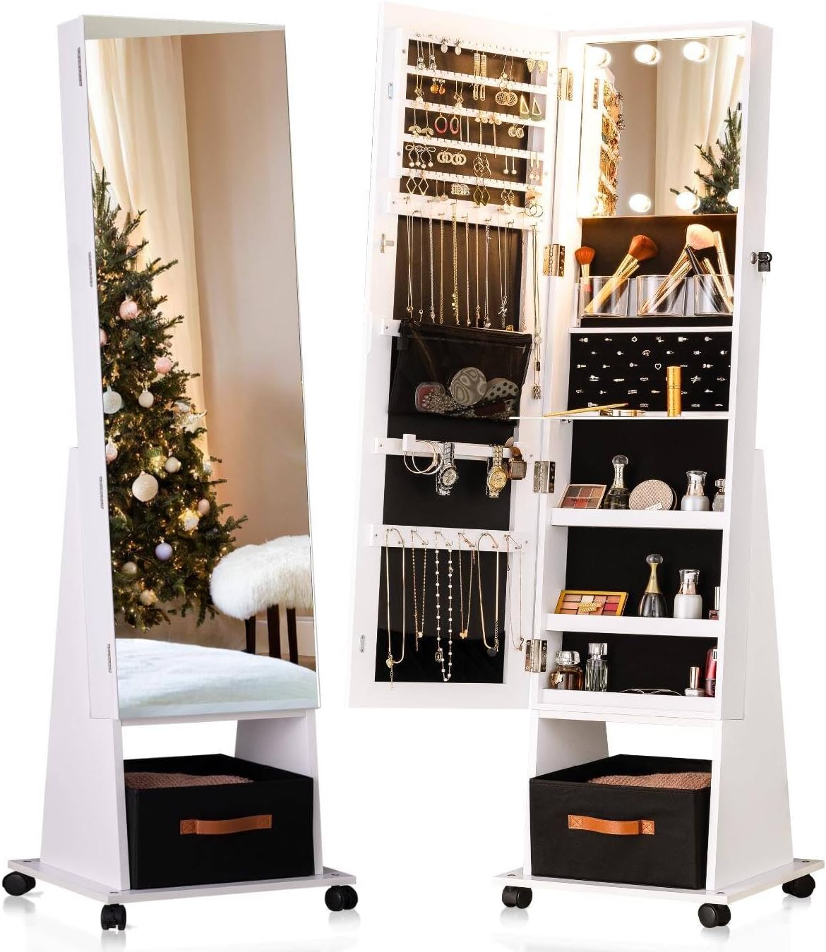 LUXFURNI Kelly-W jewelry armoire, showing both closed and open views
