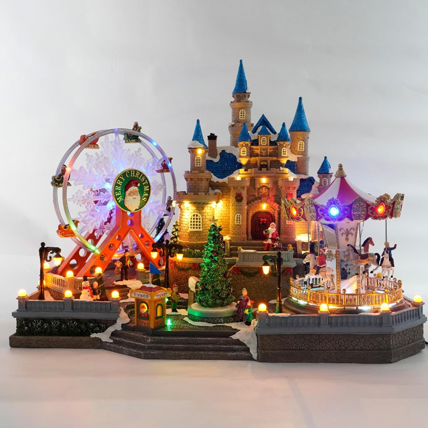 Christmas Village House, Amusement Park Carousel Collectible Buildings, with LED Lights, for Xmas Indoor Decorations or Holiday Table Displays
