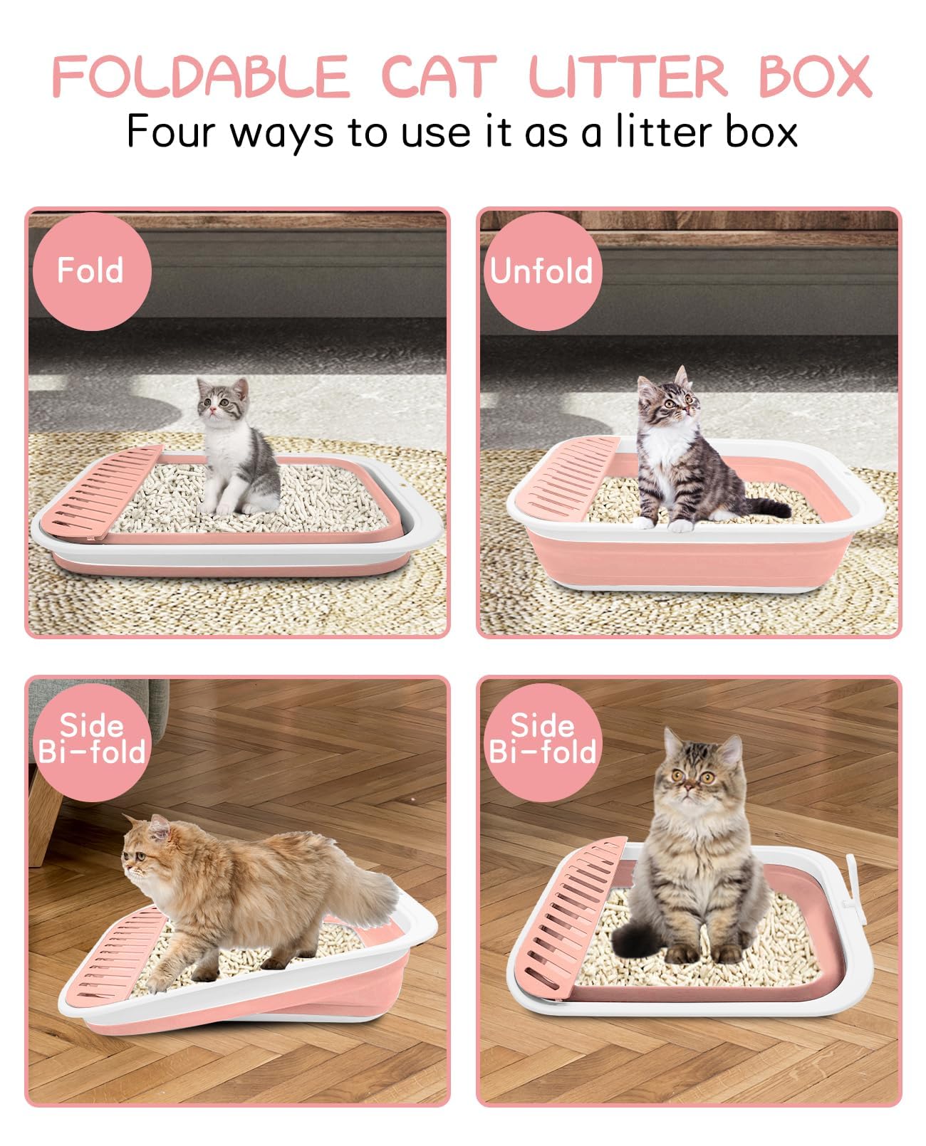 BNOSDM Foldable Small Cat Litter Box for Kittens Open Potty Pan Collapsible Cat Toilet with Scoop Senior Kitty Travel Shallow Litters Boxes Anti-Splash Waterproof for Small-Sized Cats Pink