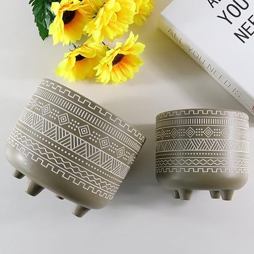Miniatura 6 de Juego de 2 macetas de cerámica gris para plantas, 6 pulgadas y 4.7 pulgadas, diseño geométrico moderno, macetas para suculentas, hogar, oficina,