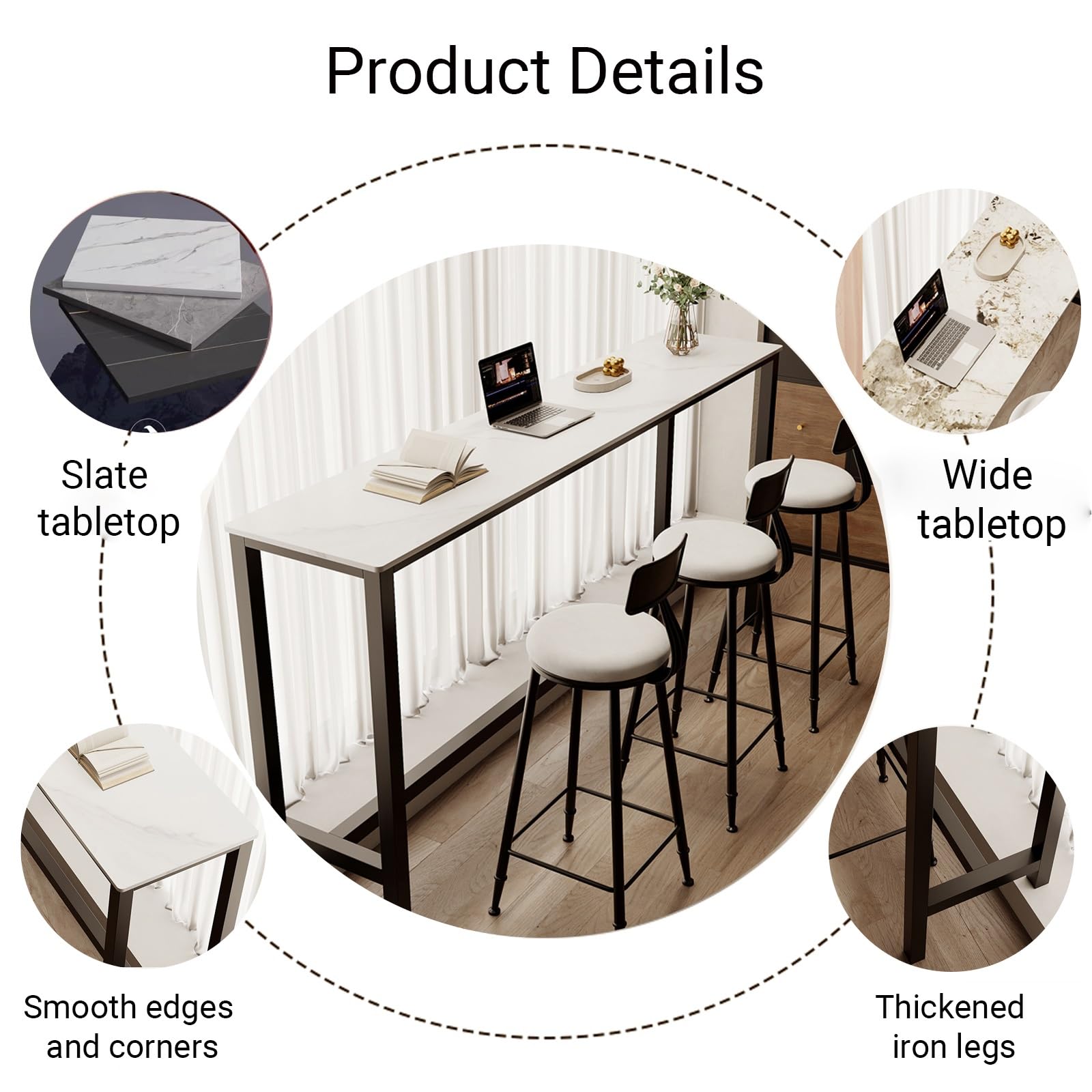 Table de bar industrielle de hauteur de comptoir – 180 cm blanche design étroit pour cuisine, salle à manger, cafés et restaurants, pas besoin de tabourets, parfaite pour les balcons et les espaces.