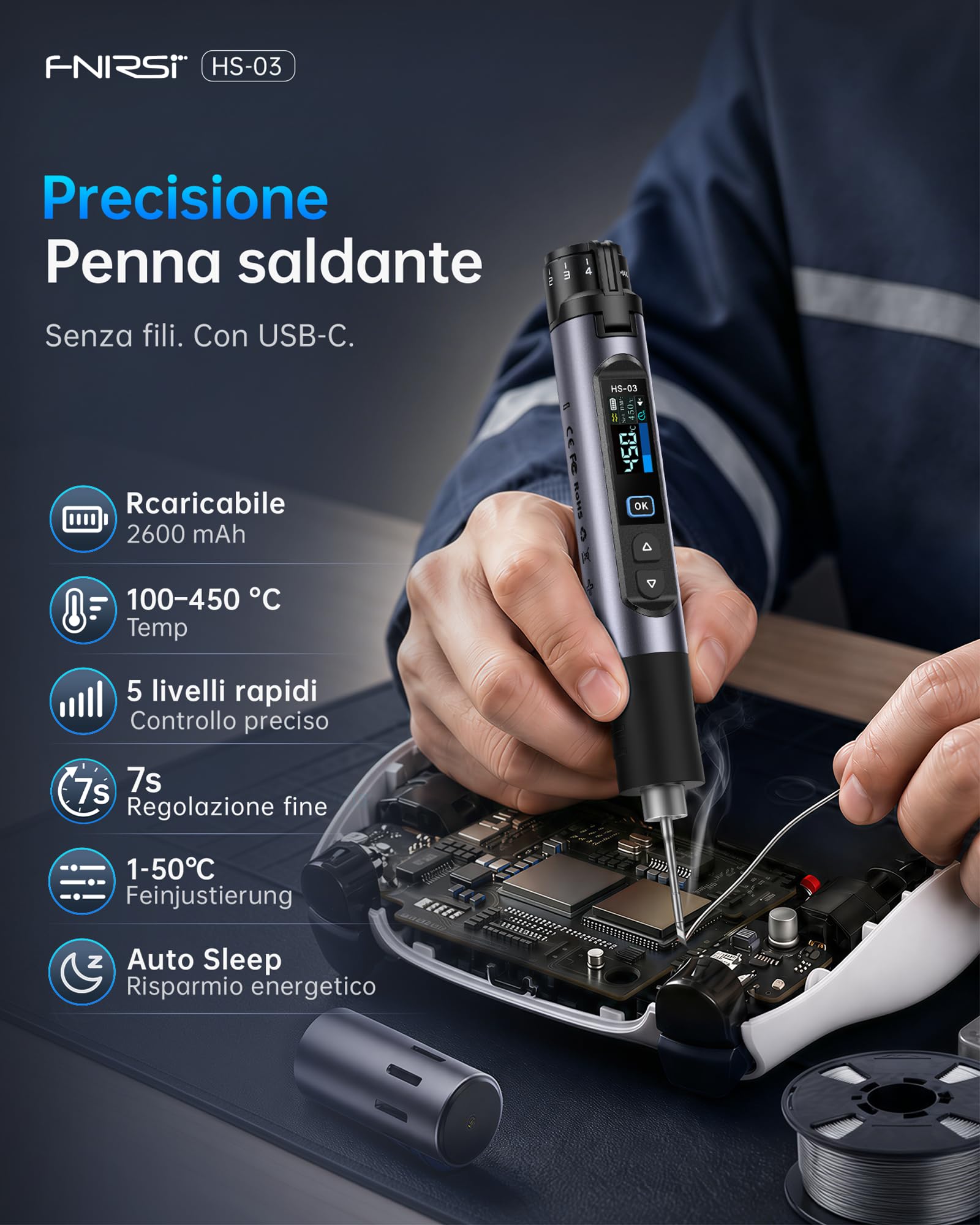 FNIRSI HS-03 Kit Saldatore a Batteria, Saldatore Portatile Senza Fili con Batteria 2600mAh, 100–450°C, Riscaldamento Rapido 3s, 5 Livelli Temperatura, Display IPS 0,96", per Elettronica, DIY, PCB