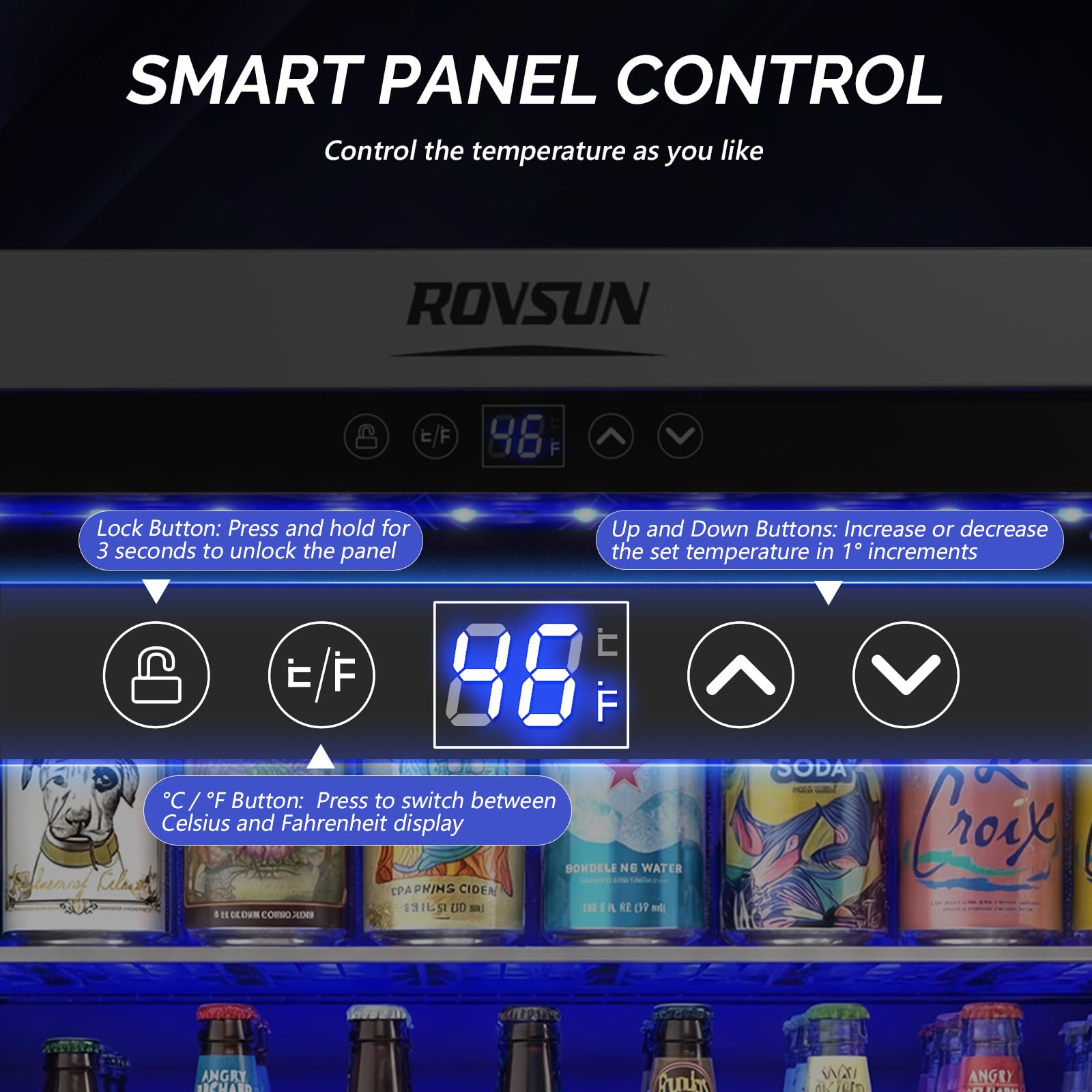 Rovsun 24 Inch Beverage Refrigerator, 5.8 Cu.Ft. Under Counter Beverage Fridge With Glass Door And Touch Temperature Control For Soda, Beer, Built-In Or Freestanding Cooler For Kitchen, Bar, Office on Fridge.com - View 3