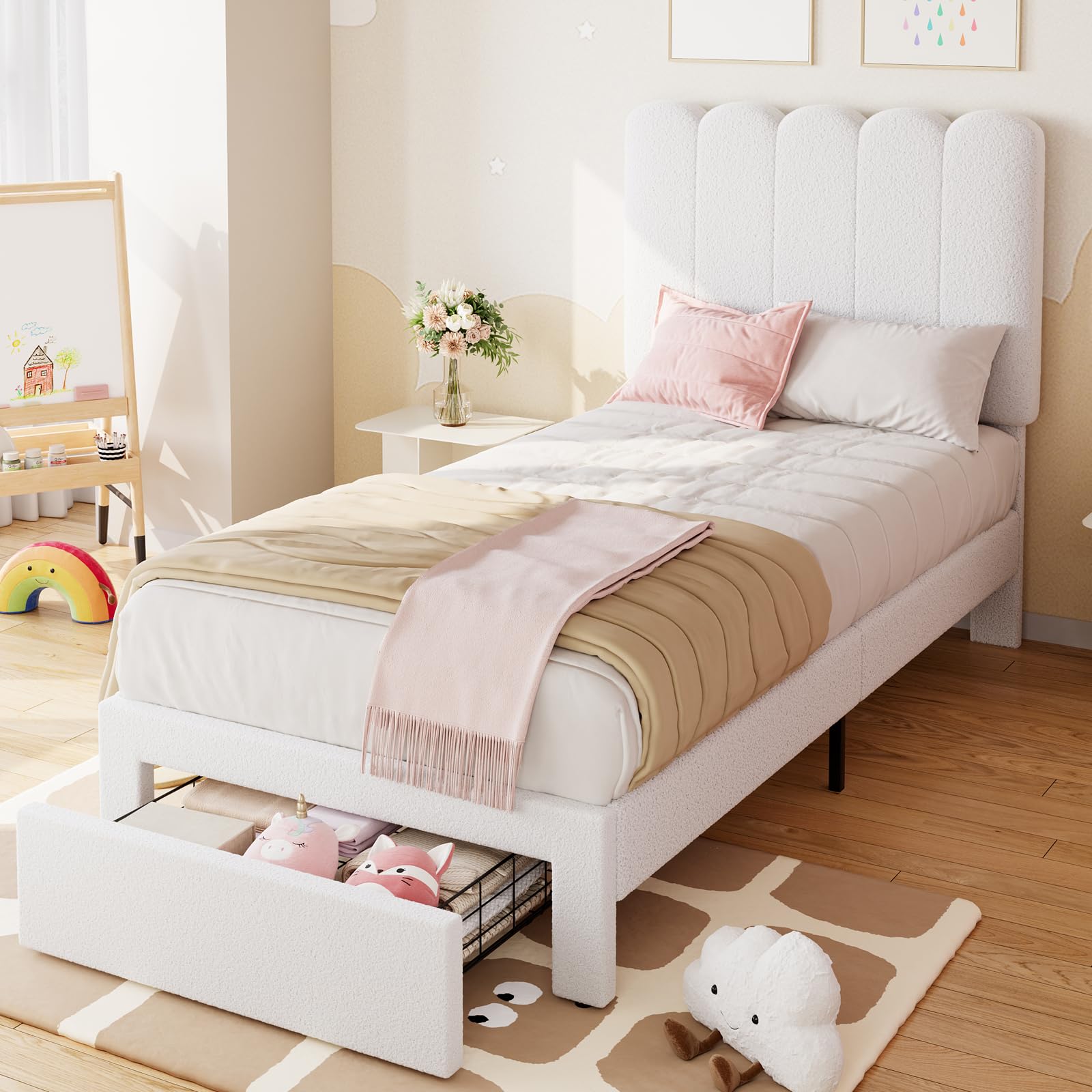 IDEALHOUSE Twin Bed Frame with Storage Drawer and Headboard, Boucle Upholstered Twin Platform Bed Frame for Girls, Strong Wooden Slats Support, Noise-Free, Easy Assembly (Boucle Beige)