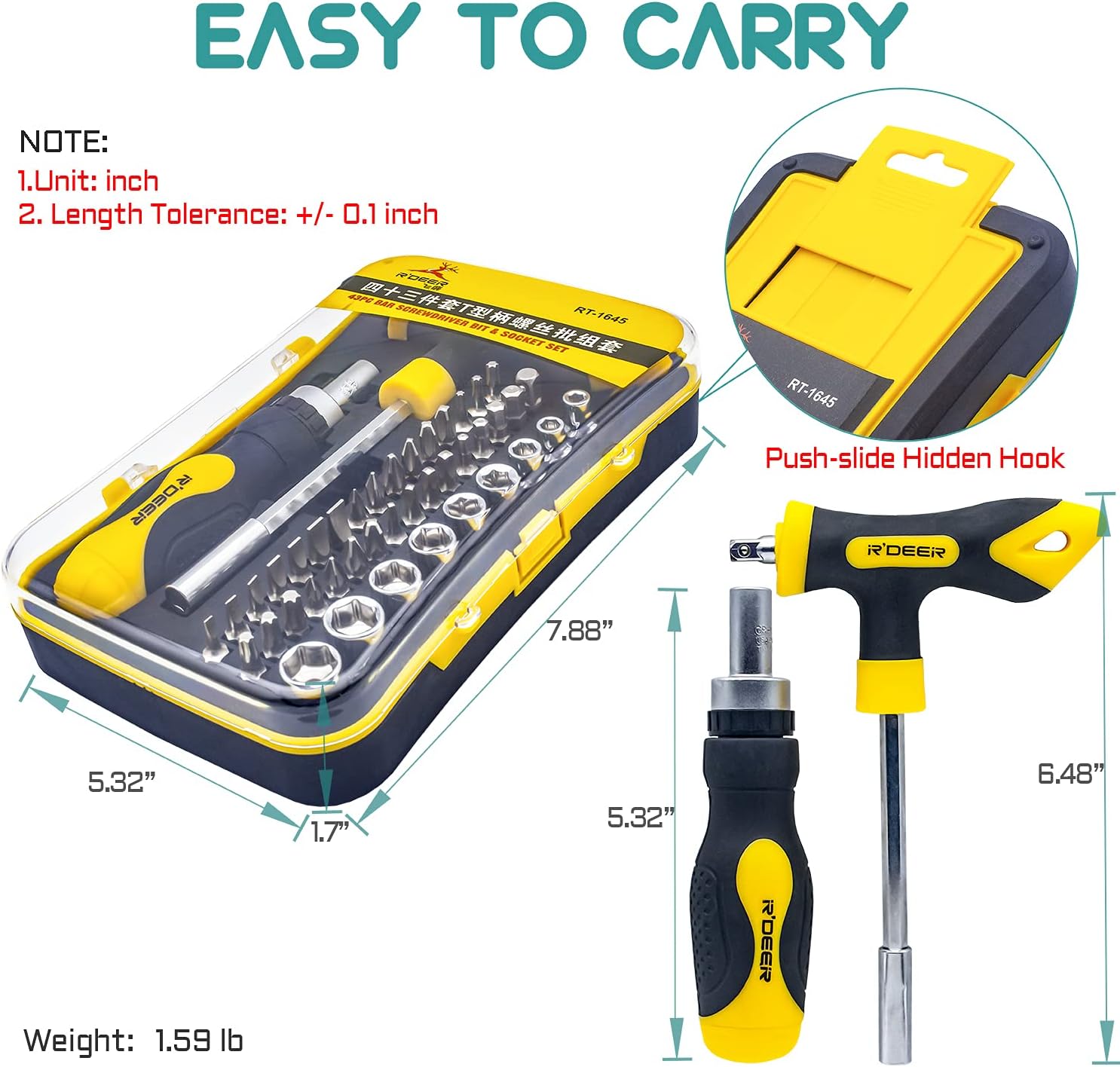 43 in 1 Ratchet Screwdriver Set R'deer T-handle Multifunction Nut Driver Socket Manual Repair Tools Kit