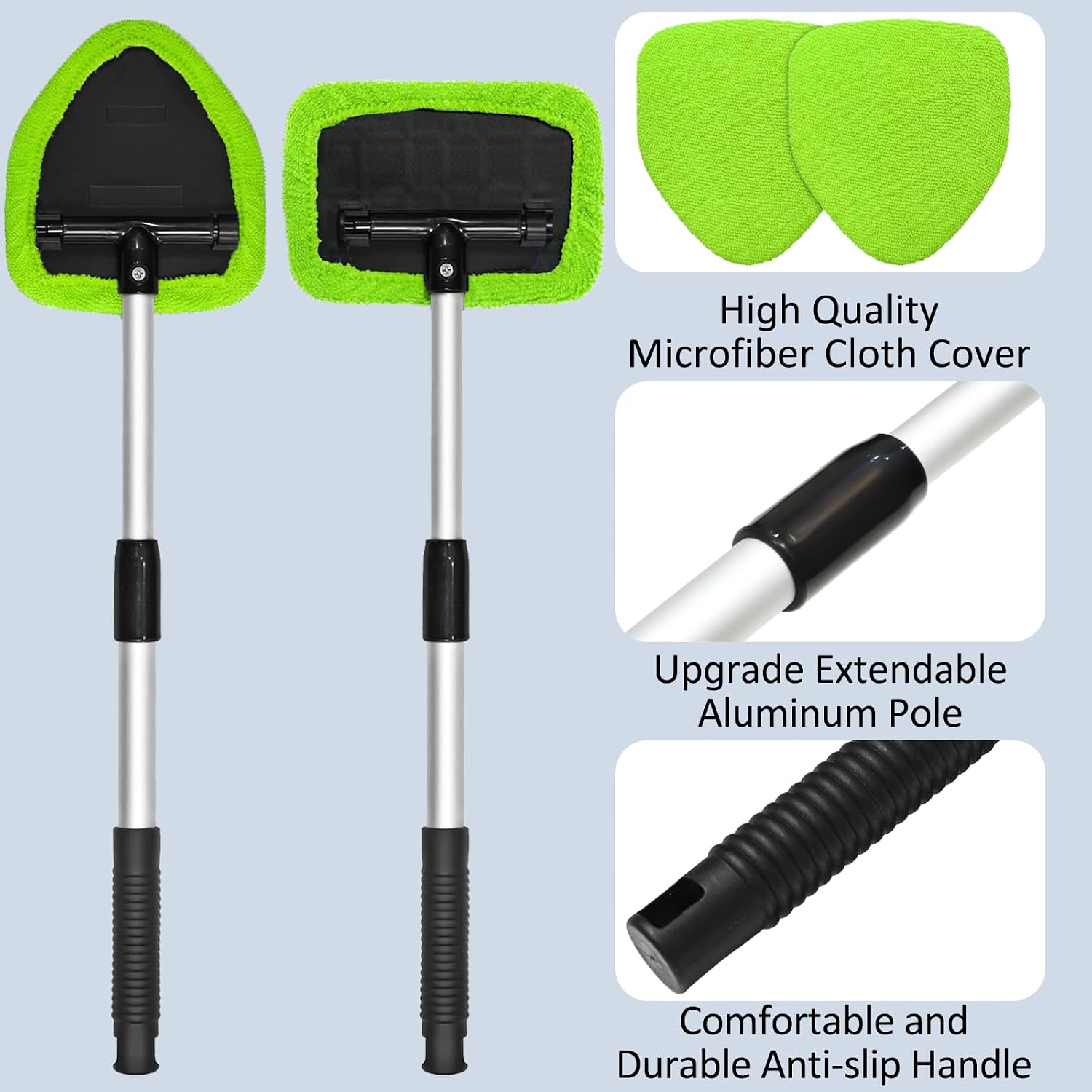 Beieverluck 20 Pieces Windshield Cleaner Tool, Inside Car Windshield Cleaning Tool with 12 Microfiber Pads, 4 Spray Bottle, and Extendable Handles Car Window Cleaning Tool Kit, Green