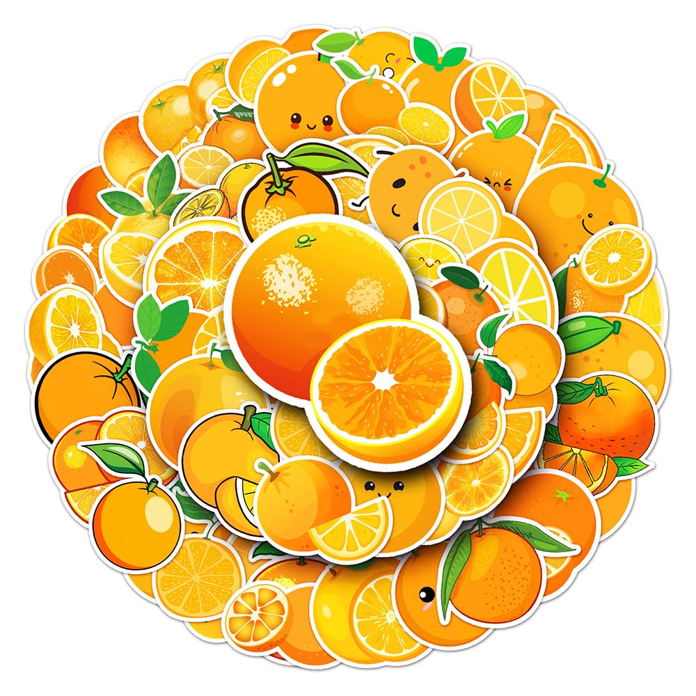 Fresh Orange Vinyl Stickers, 50 PCS Waterproof Cartoon Fruit Decals for Laptops Scrapbooking, Journals, Notebooks