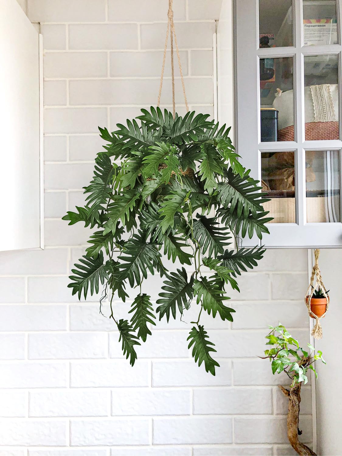 Künstliche Hängepflanzen im Topf Kunstpflanze Hängend Künstliche Pflanzen | 70 CM Philodendron Grün Dschungel Tropisch Deko für Wohnzimmer Schlafzimmer Badezimmer Esszimmer Küche Büro Hotel