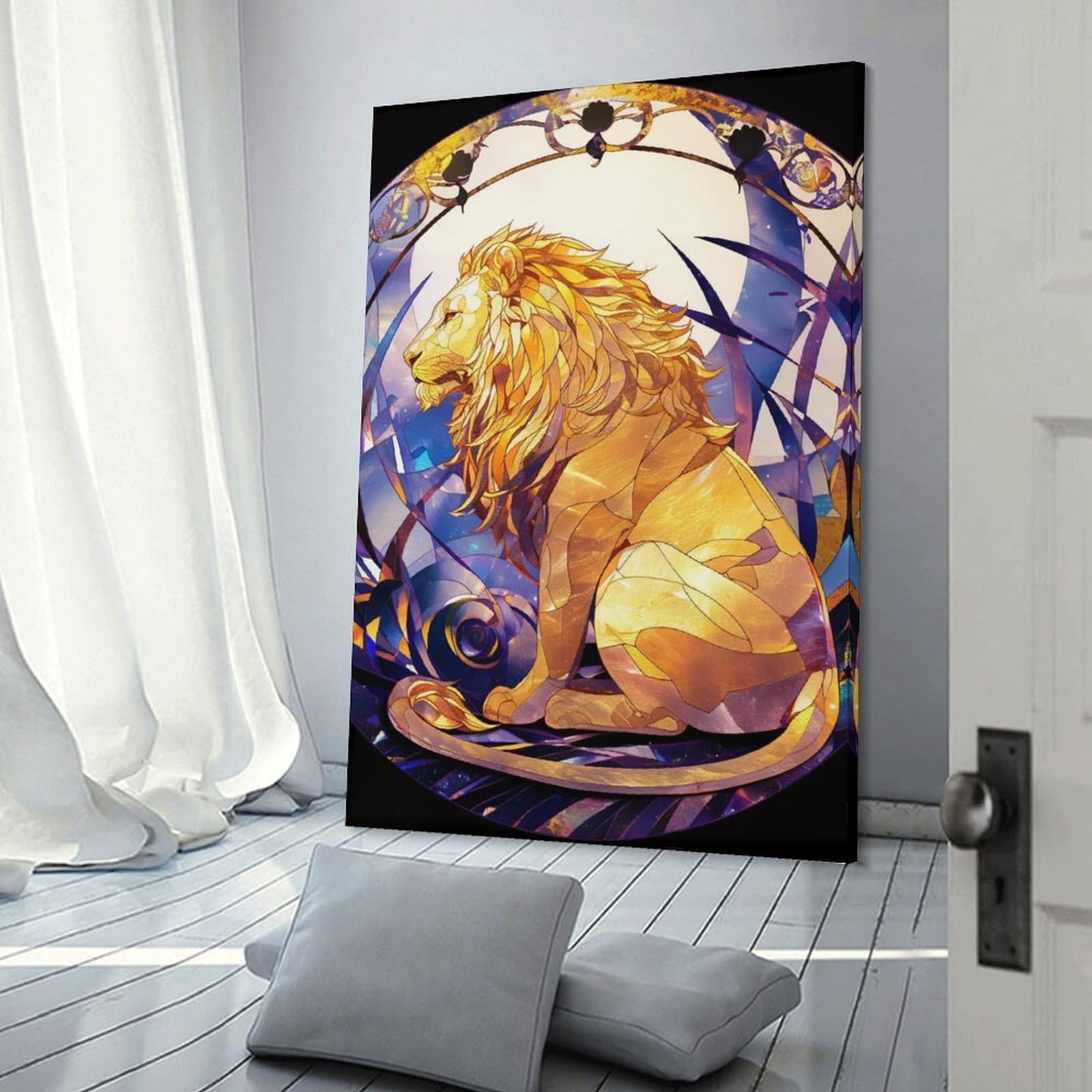 Junmoney Golden Lion in Stained Glass Style Hanging Wall Art, 16x24inch(40x60cm), for Gallery Wall Decor And Room Displays, Home Wall Art for Statement Displays