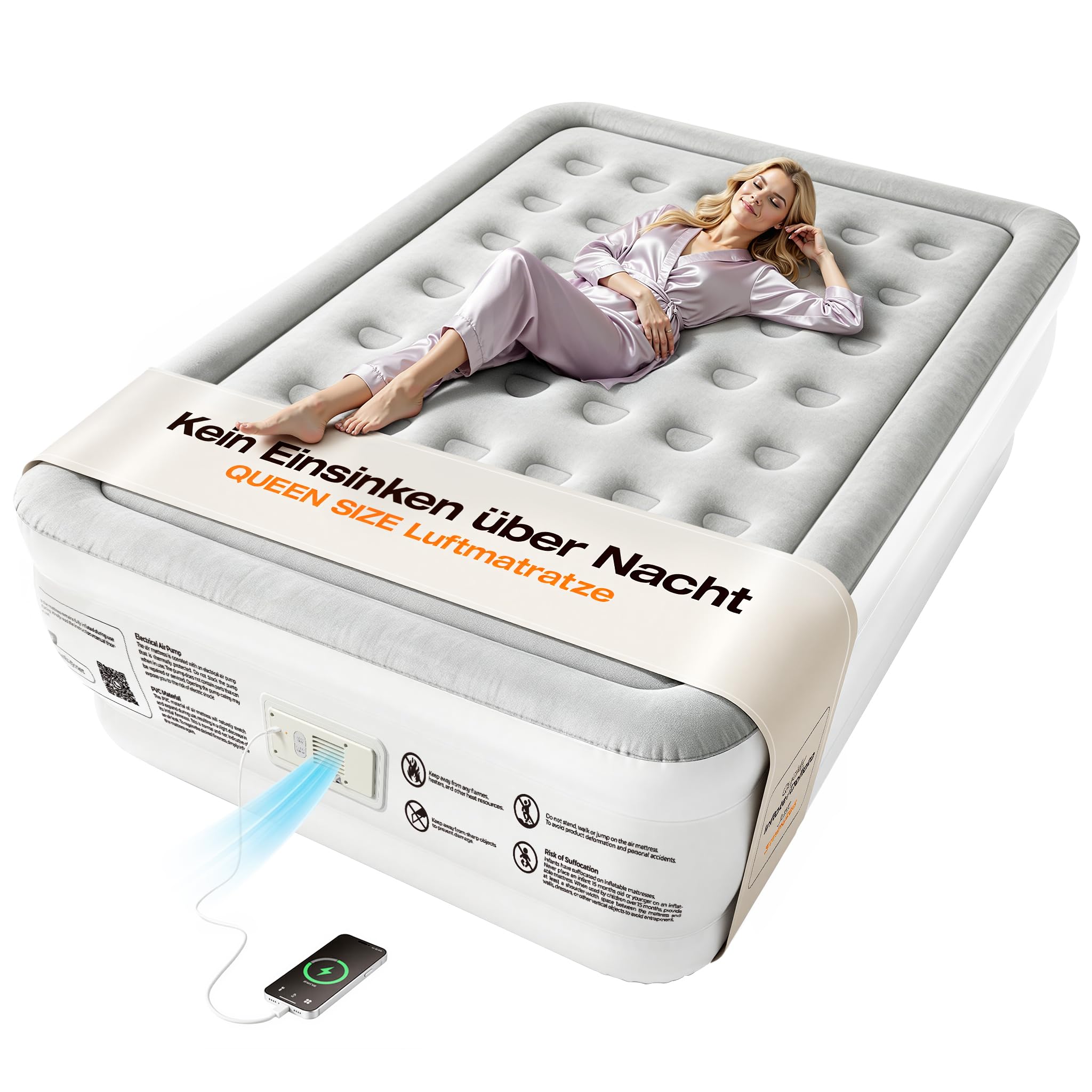 Luftmatratze mit integrierter Pumpe, automatisches Nachfüllen, 2,5 Min Schnellaufblasen, weiche Beflockung, leiser Betrieb, für 2 Personen