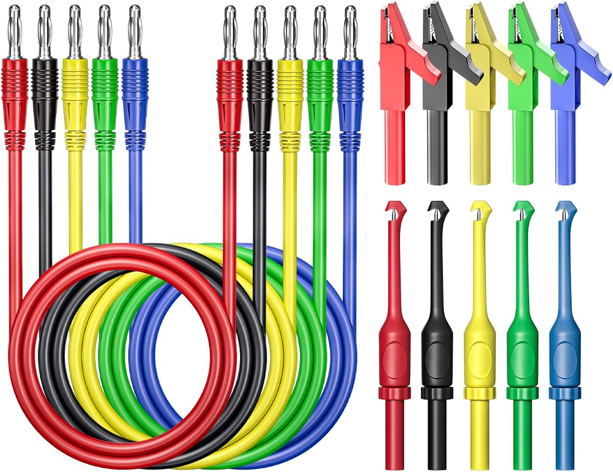 Goupchn 4mm Banana to Banana Plug Test Leads Kit, 15PCS Five Colors | Alligator Clips, Insulation Wire Piercing Probes, For Multimeter, Automotive Diagnostic Testing