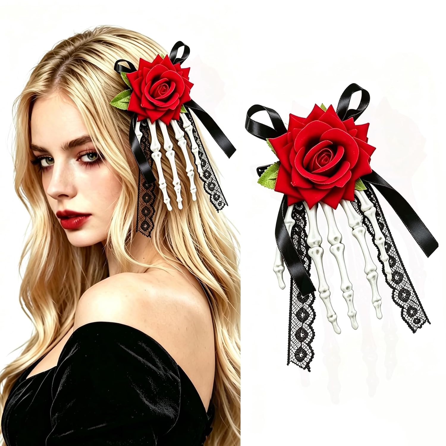 Halloween Hair Clips, Red Rose Skeleton Hand Gothic Hair Accessories