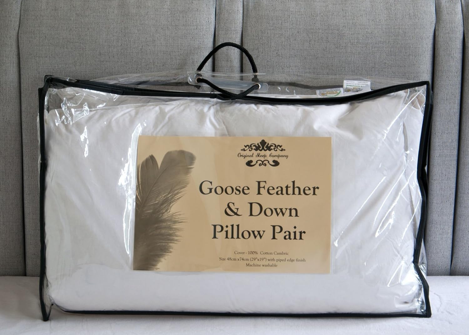 Original Sleep Company Goose Feather & Down Pillow Soft Support Front Sleeper Pillow for Neck Pain Relief 85% Feather 15% Down Filling Encased in 100% Cotton Casing Standard Size (48cm x 74cm)