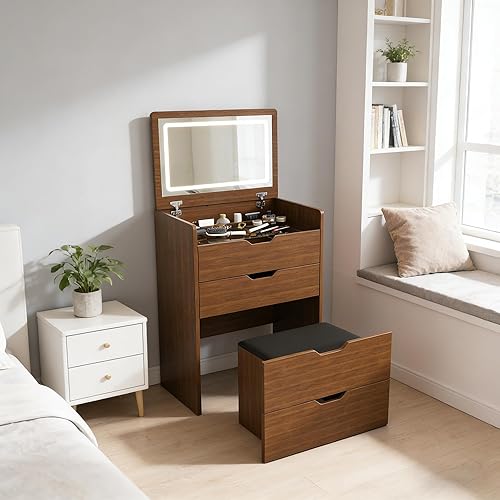 Miniatura 11 de Montary Mesa de tocador moderna mini con espejo iluminado por LED y almacenamiento oculto y taburete acolchado, 60 cm de diámetro, brillo ajustable