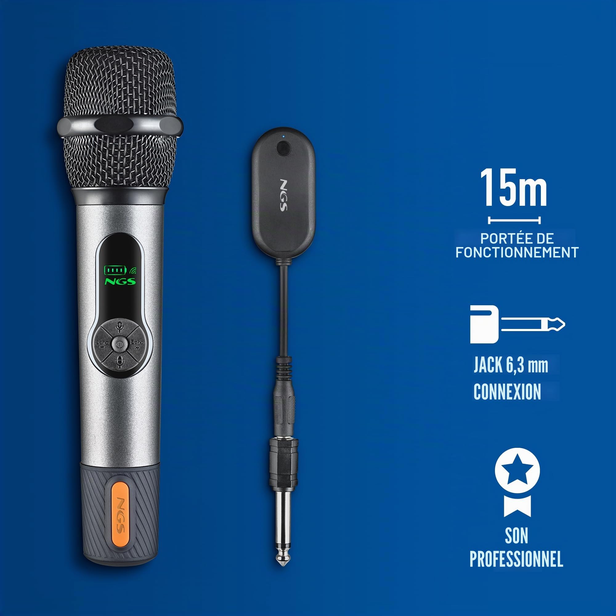 NGS Singer Star - Micro sans Fil Dynamique 2,4 GHz, autonomie, contrôle du Volume et de l’écho 30 h, indicateur de Batterie, Prises Jack 3,5 mm et 6,3 mm, karaoké et événements idéaux
