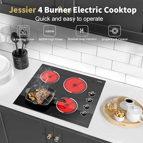 Miniatura 4 de Placa de Cocción Eléctrica de 24 Pulgadas - Placa de Cocción Eléctrica Radiante Empotrable de 4 Quemadores 6000W con Control de Perilla, Superficie