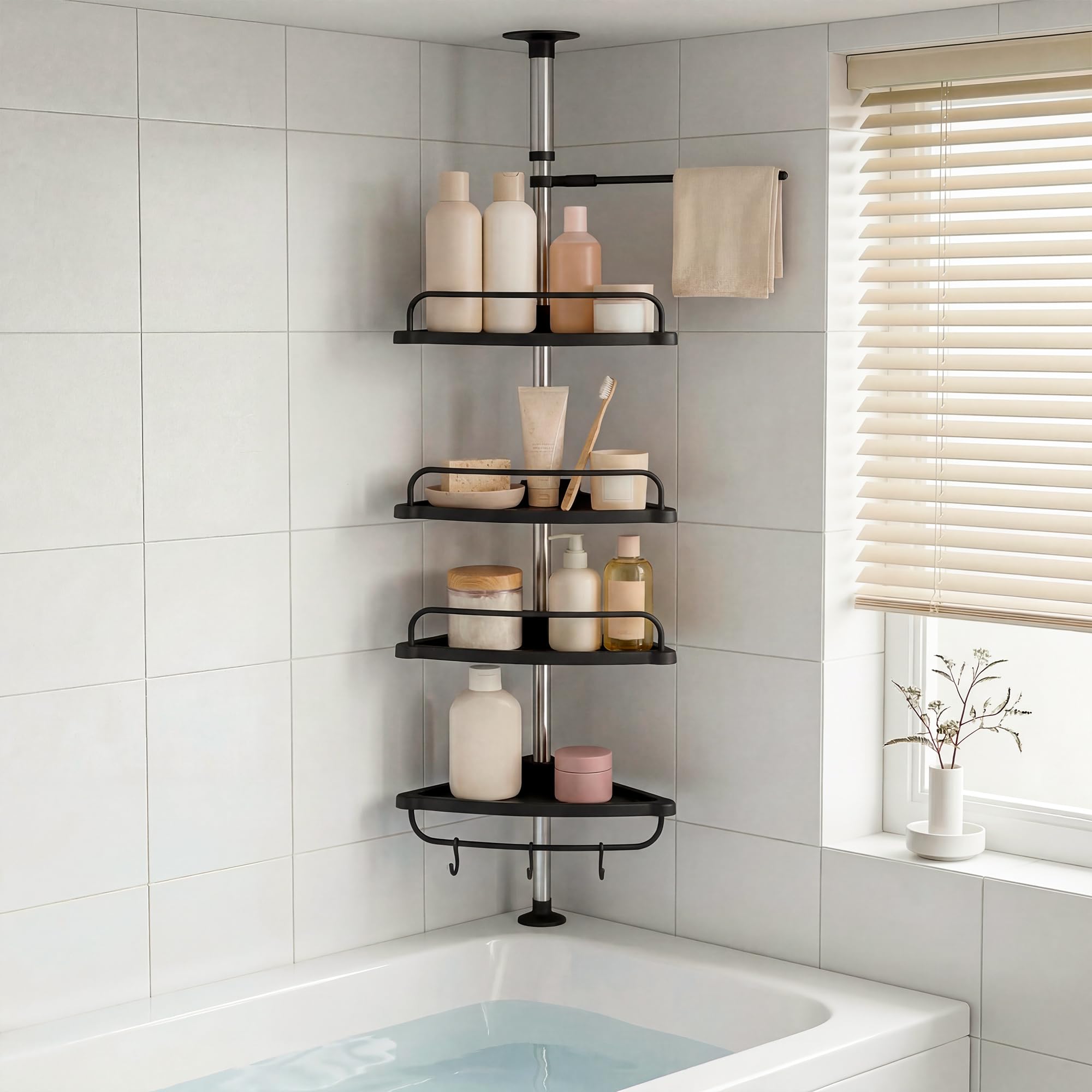 Estanteria Telescopica de Baño Altura Ajustable 254cm Esquinero Plástico Metal sin Taladro 4 Baldas Negro